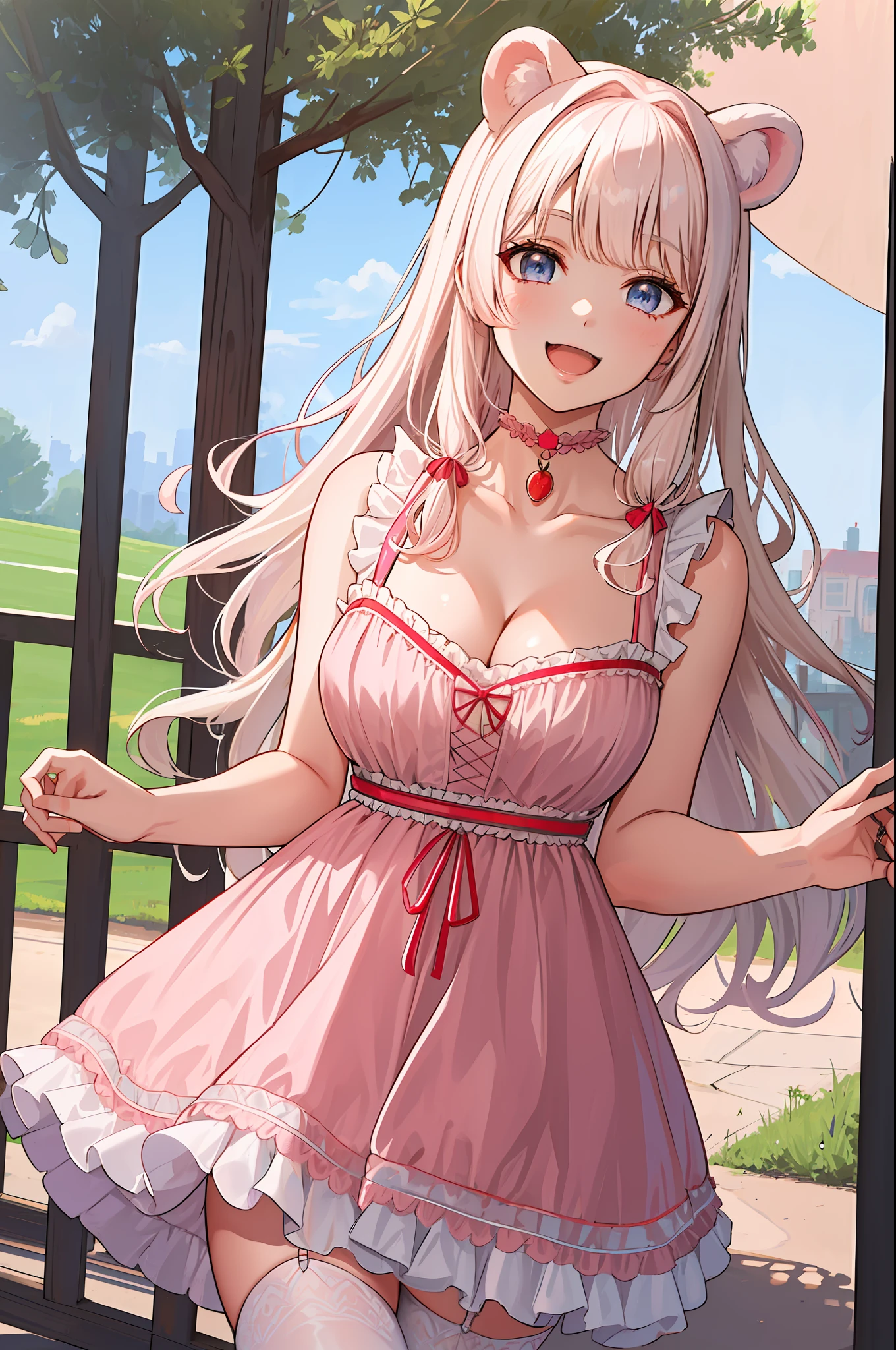 (leaning over:1.4), (masterpiece:1.2, best quality), (real picture, intricate details), 1girl, solo, absurdres, cowboy shot, standing, outdoors, :3, smile, bear girl, bear ears, ((light pink dress)), frills, very detailed dress, white thighhighs, platinum blonde hair, gray blue eyes, long hair, ((red strawberry choker)), smile, open mouth, one fang, large , cleavageless dress, arms behind back,