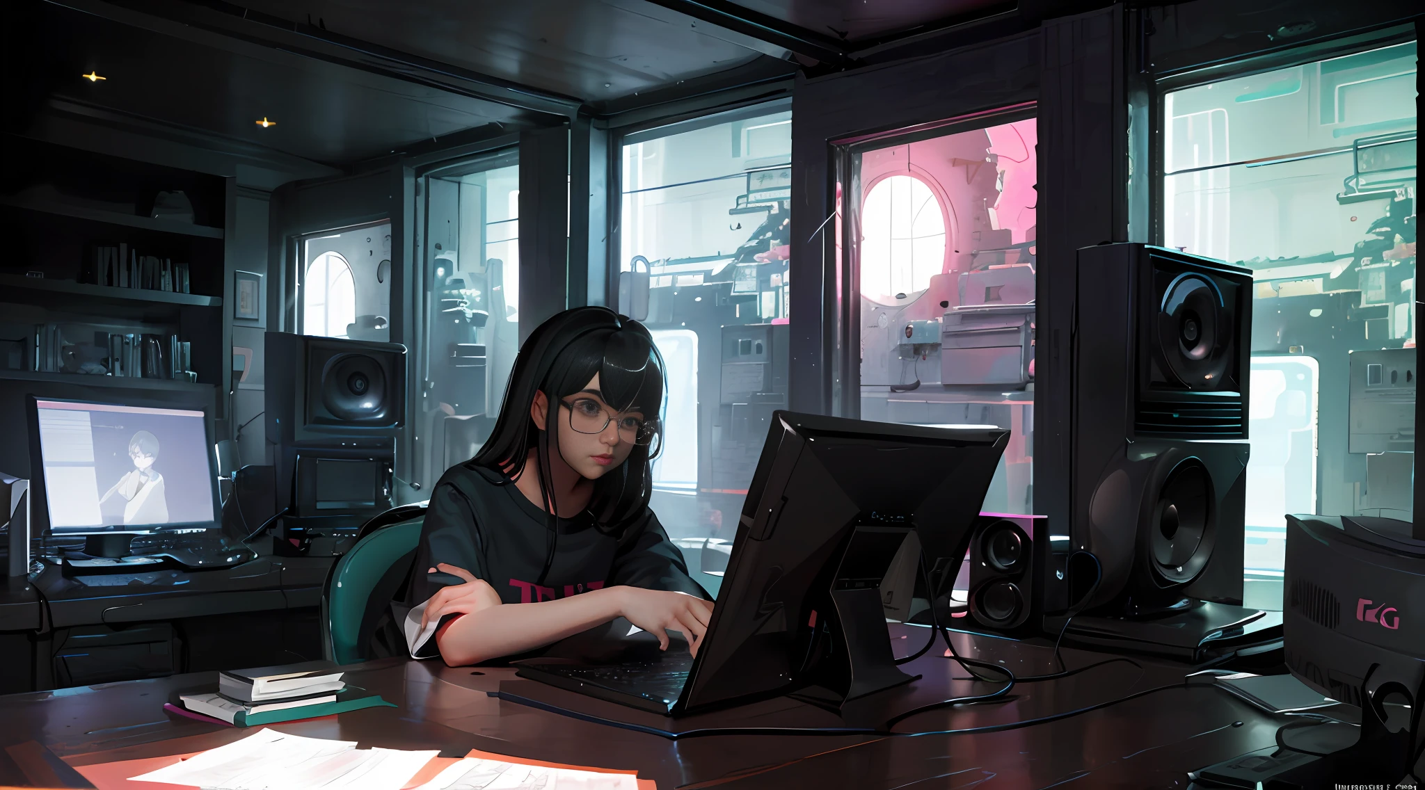 (Masterpiece), (Best Illustration), 20-year-old woman in glasses, Anime background, Game bedroom, TV with large computer, Ring lighting, Rim lighting,(Highly detailed CG Unity 8k wallpaper),(Masterpiece), (Best Quality), (Vaporwave Style), (Ultra Detailed), (Best Illustration), (Best Shadow),Perfect Lighting, Perfect Anatomy, Vibrant Colors,