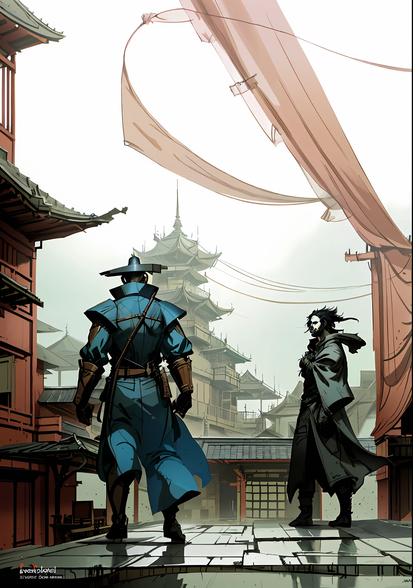 anime scene of two men in a courtyard with a pagoda in the background, digital painting concept art, illustration concept art, concept art for a video game, rob rey and kentarõ miura style, master study, ismail inceoglu and ruan jia, speedpainting, painted as a game concept art, concept art digital illustration, d & d digital painting