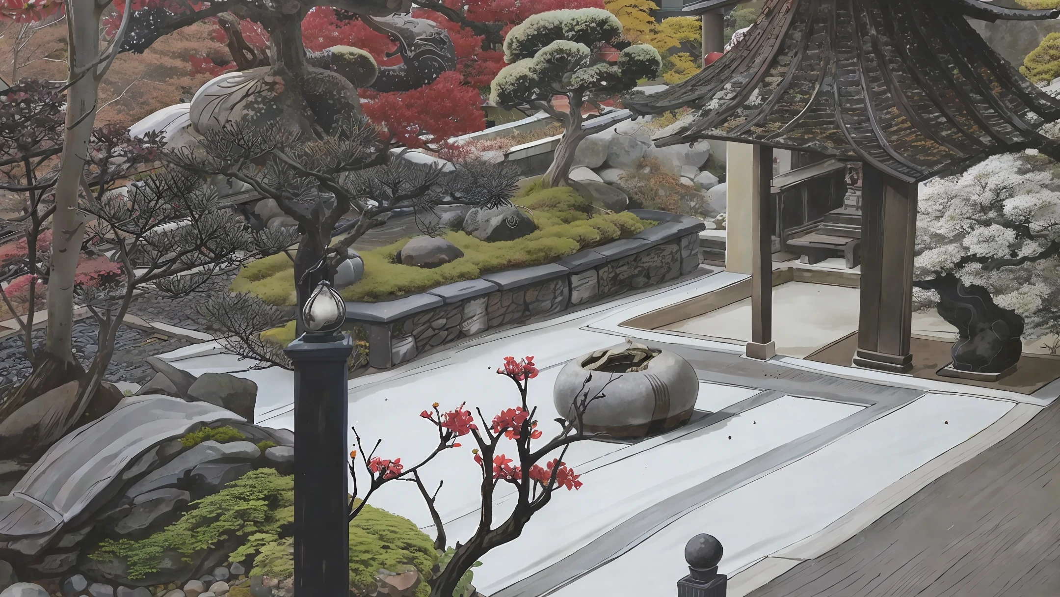 japanese bonsai tree, japanese folklore, mystical garden, exterior of Japanese shrine, japanese architecture, yokai otomo style, yokai otomo style, center of village,