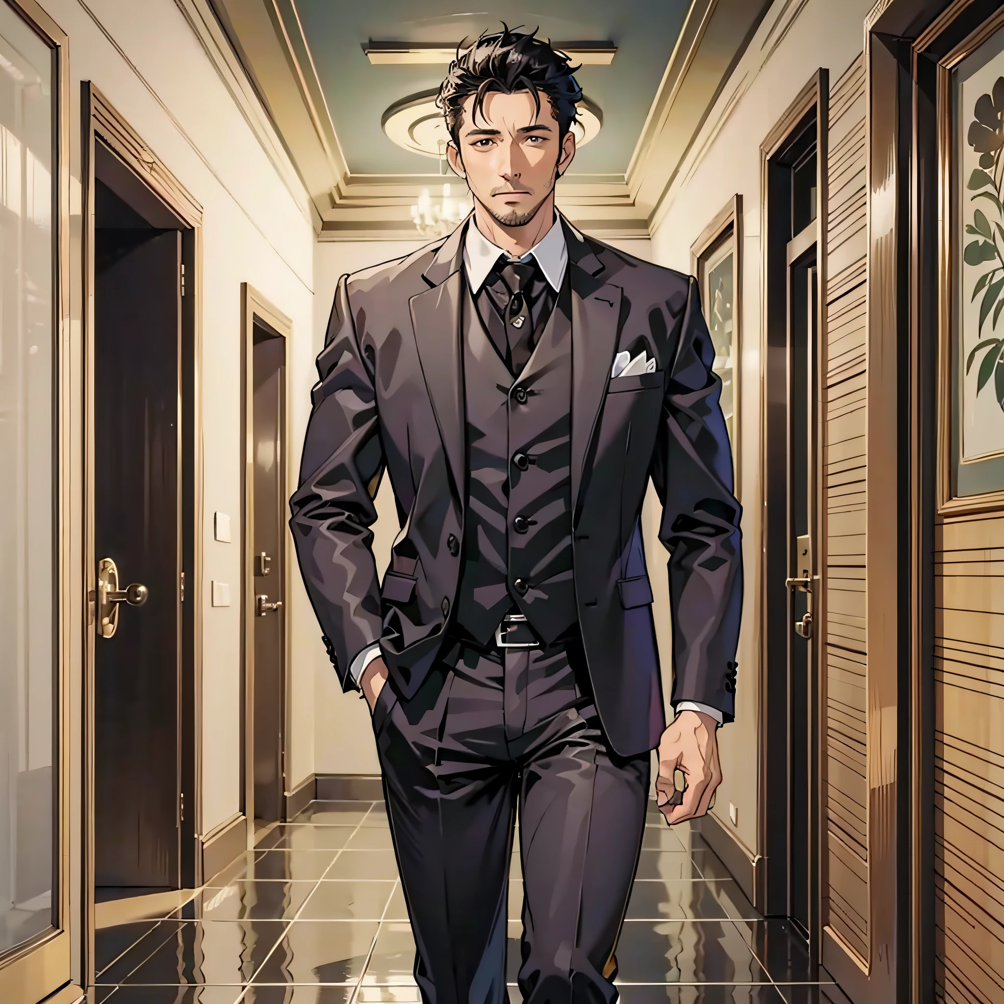 anime, (highest resolution, distinct_image) best quality, interior, hotel, doorway, group of men, 40 years old, mature man, leader, masterpiece, highly detailed black suit, nervous --auto --s2