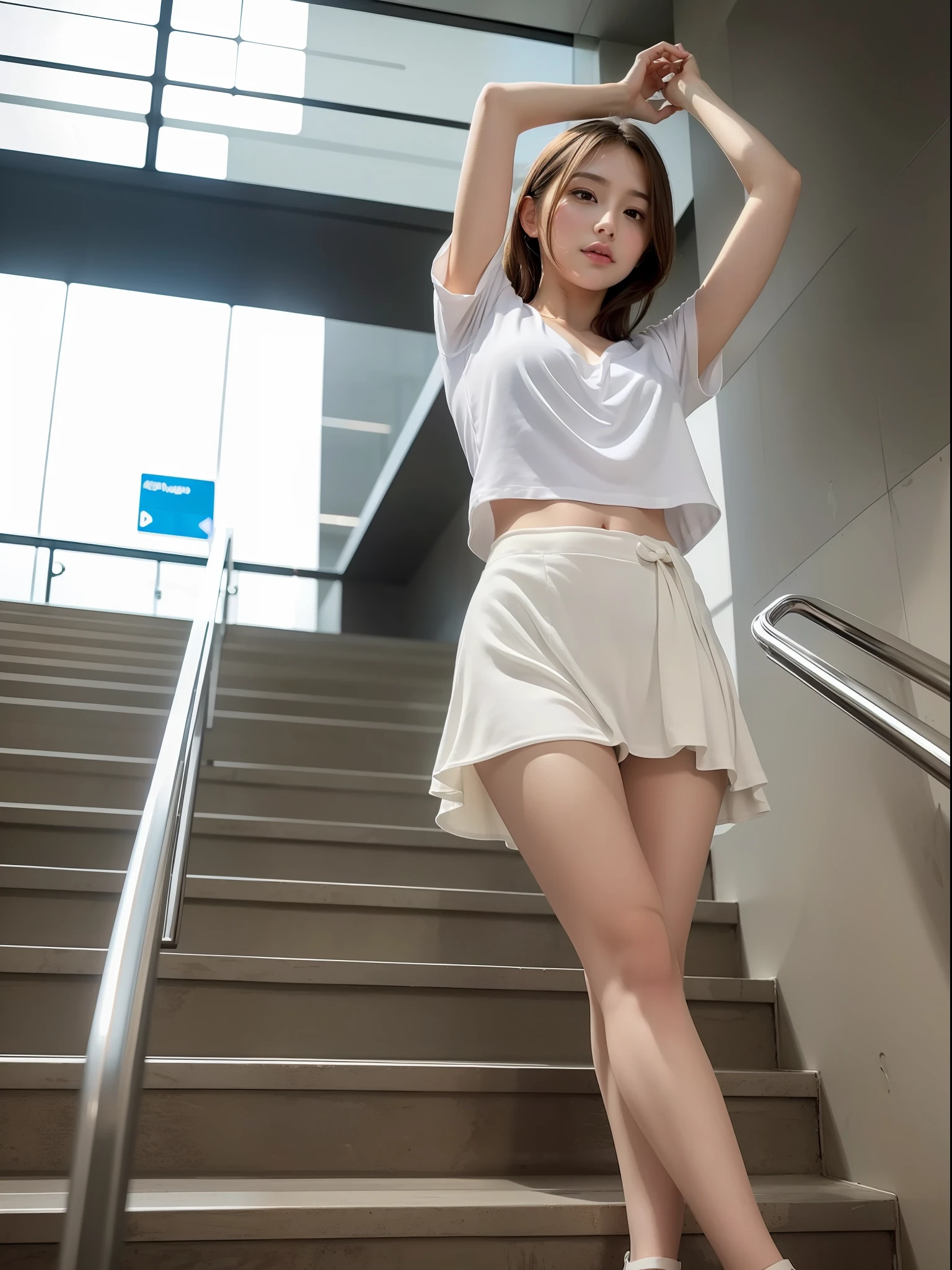 ((Best quality, 8k, Masterpiece: 1.3, raw photo)), Sharp focus: 1.2, (1 AESPA girl: 1.1), (realistic, photo-realistic:1.37), beautiful face girl, cute face, small breasts, flat chest, brunette short messy hair, arms up, (white shirt: 1.1), long skirt, airport, station, sunlight, cinematic lighting, from below