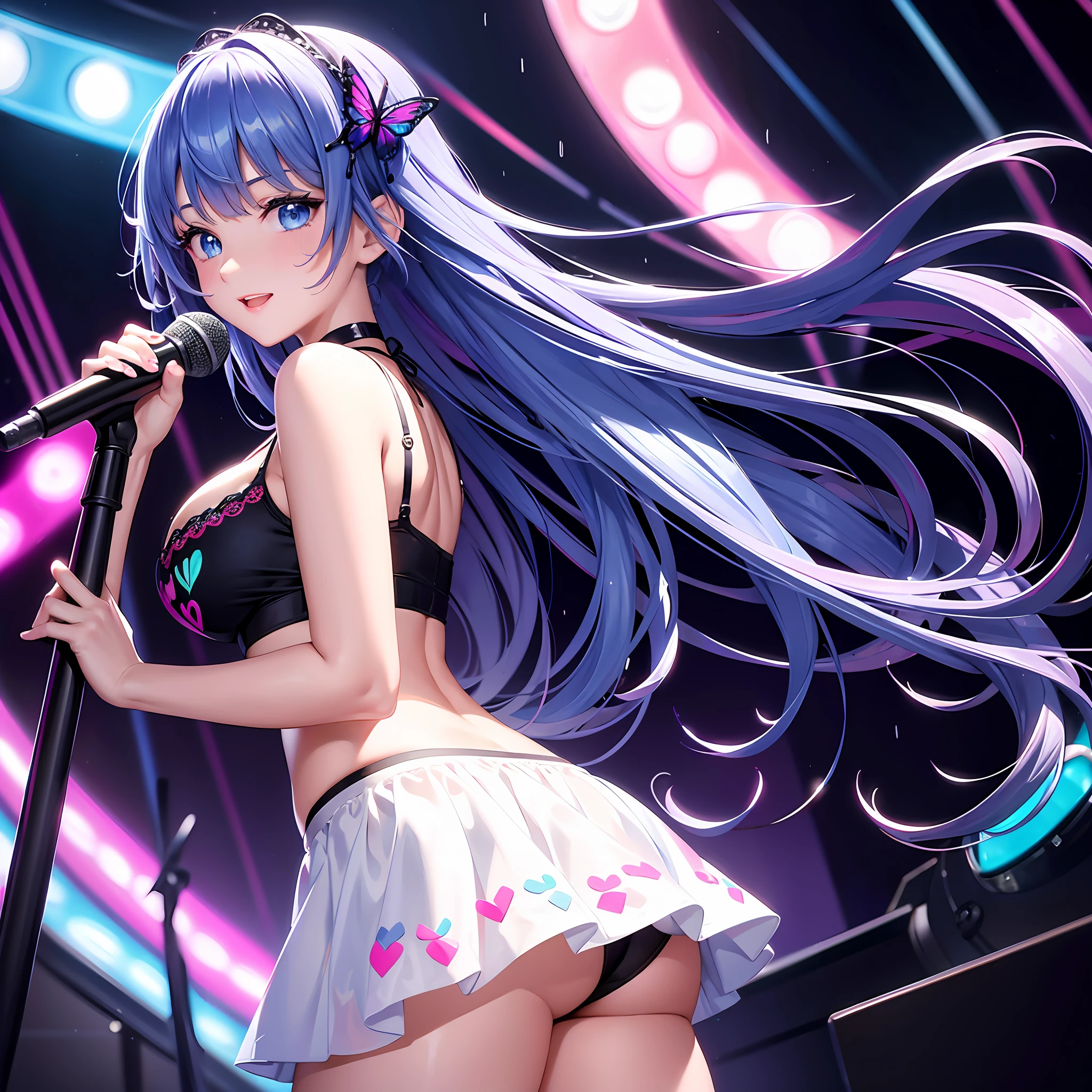 Illustration, cinematic light, high resolution, best quality, ultra detailed, detailed face, (detailed eyes), top quality, super detail, masterpiece, (detailed face), pretty face, best smile, sexy mature woman (cute t-shirt: 15), tank top, choker, , D cup, cleavage: 2, NSFW, high heels, blue eyes, neon small shiny hair edges, ruffled mini skirt, AI fantasy birthday concert, glowing lighting with neon details, holding the microphone in the left hand and singing: 15, black magic 💕, (birthday live stage: 1.15), (happy birthday💖 text: 10), background audience: 10, balloons, : 5 Singing with buttocks sticking out, light reflection, heart-shaped iris, playful eyes, open shoulders, rain, 🎉 (wet body), Little shining butterfly, hair jewelry, panties, (cute embroidered white string panties)