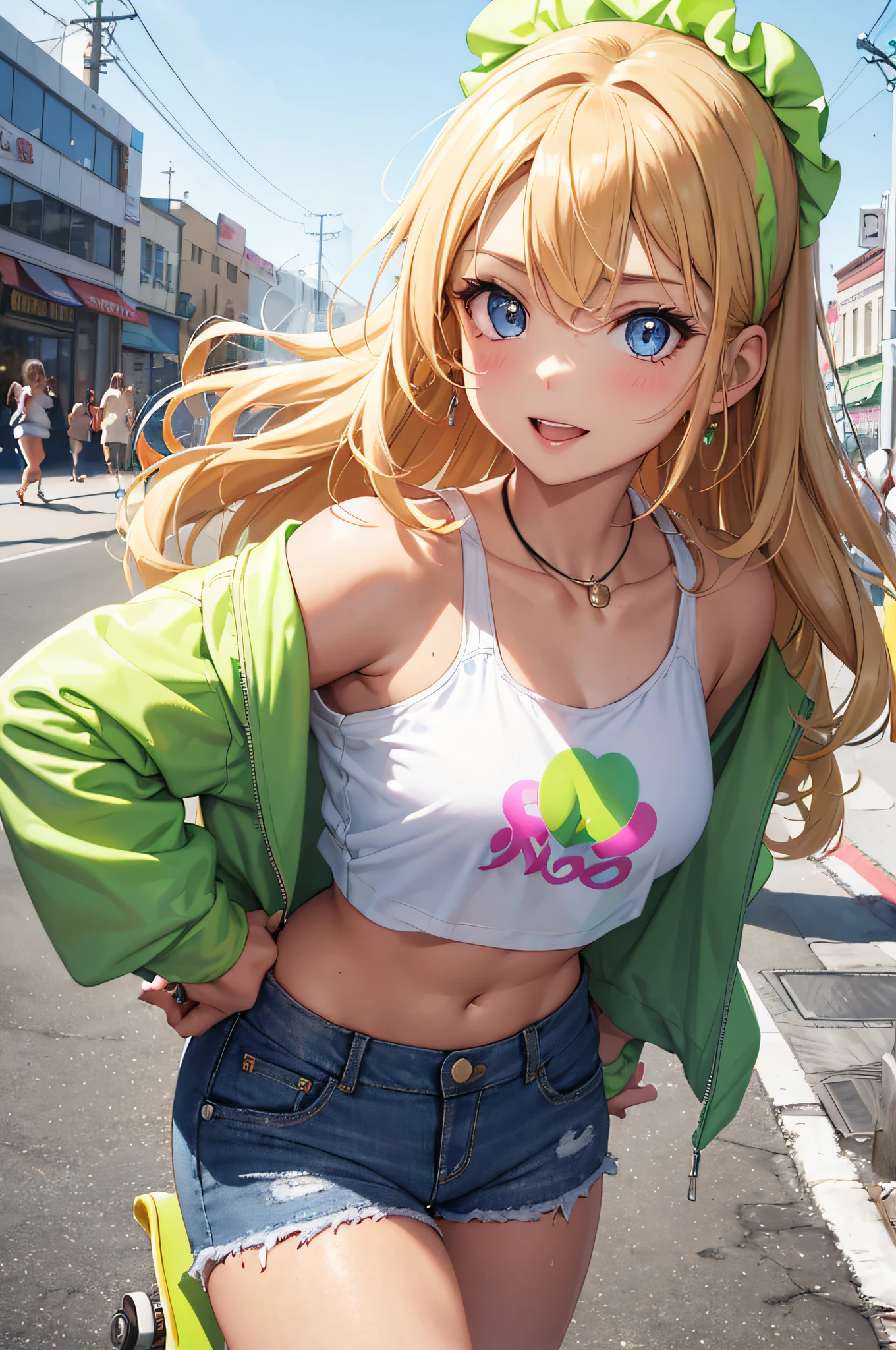 (masterpiece), (portrait), (aesthetic), (beautiful), (upper blody), (high quality), (aesthetic clothings), (professional angle), (rule of thirds), (Feminine), (woman), (female), (beautiful),(feminine features), (25 years), solo, 1 woman, (attractive 80's Girl), Summer, Vibrant light, ((Roller Skating)), (Gliding), Retro Makeup, (Small bust), ((Cassette Player)), (Side face), (Joyful expression), ((Playful)), (Neon Sunglasses and Headband), ((Medium hair)), (Blonde hair), (Wavy hair), (Thick hair), Glossy shine hair, (Scrunchie in hair), (Blue eyes), (Trendy and Energetic look), (Tan skin), (Neon Colors clothing), (Crop Top), (Denim Jacket), (Denim Shorts), Off-Shoulder neckline), ((Urban Street background)), (Full Shot Shot), beautiful hands, two hands, normal hands, two arms, complete hands, beautiful body, beautiful fingers, normal fingers, five fingers, five fingers, (Thumb index meddle ring little fingers), beautiful ears, normal ears, beautiful eyes, shiny eyes, beautiful mouth, beautiful lips,