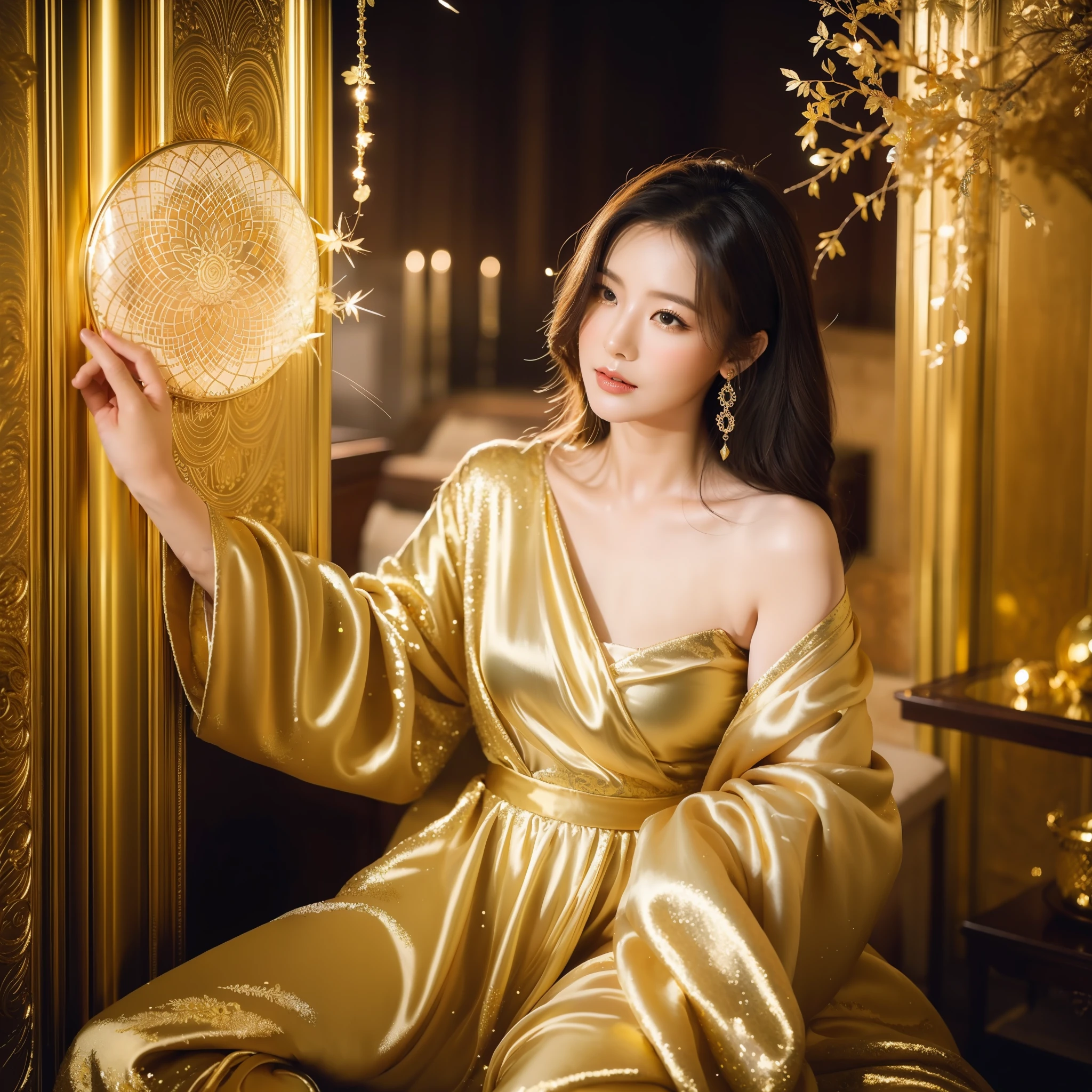 A Stunning Woman, Sexy Silk Pajamas, Gorgeous Castle, Warm Gorgeous Great Room, Warm Lighting, (Masterpiece, Top Quality, Best Quality, Official Art, Beauty and Aesthetics: 1.2), (1girl), Extreme Detail, Colorful, Supreme Detail, Official Art, Unified 8k Wallpaper, Ultra Detailed, Beautiful and Aesthetic, Beautiful, Masterpiece, Best Quality, (Zentangle, Mandala Woman, Tangled, Entwined), Holy Light, Gold Leaf, Gold Leaf Art, Glitter Drawing, PerfectNwsjMajic