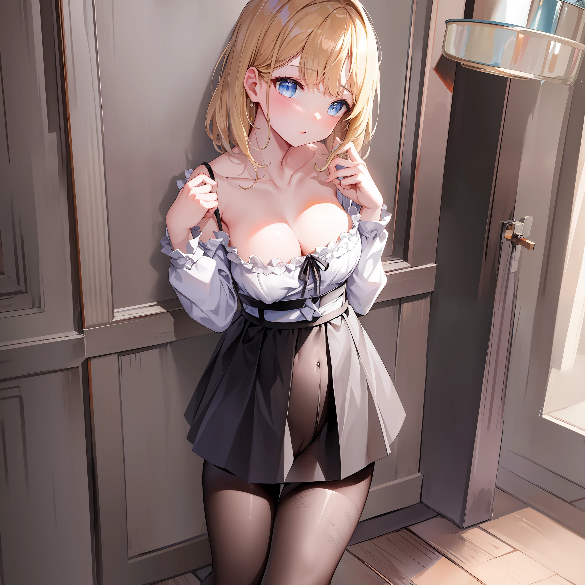 ((Masterpiece)), (Best Quality), Amelia Watson, amelia_casual, frilled shirt, collarbone, black skirt, pantyhose, (NSFW: 1.5), full body, solo