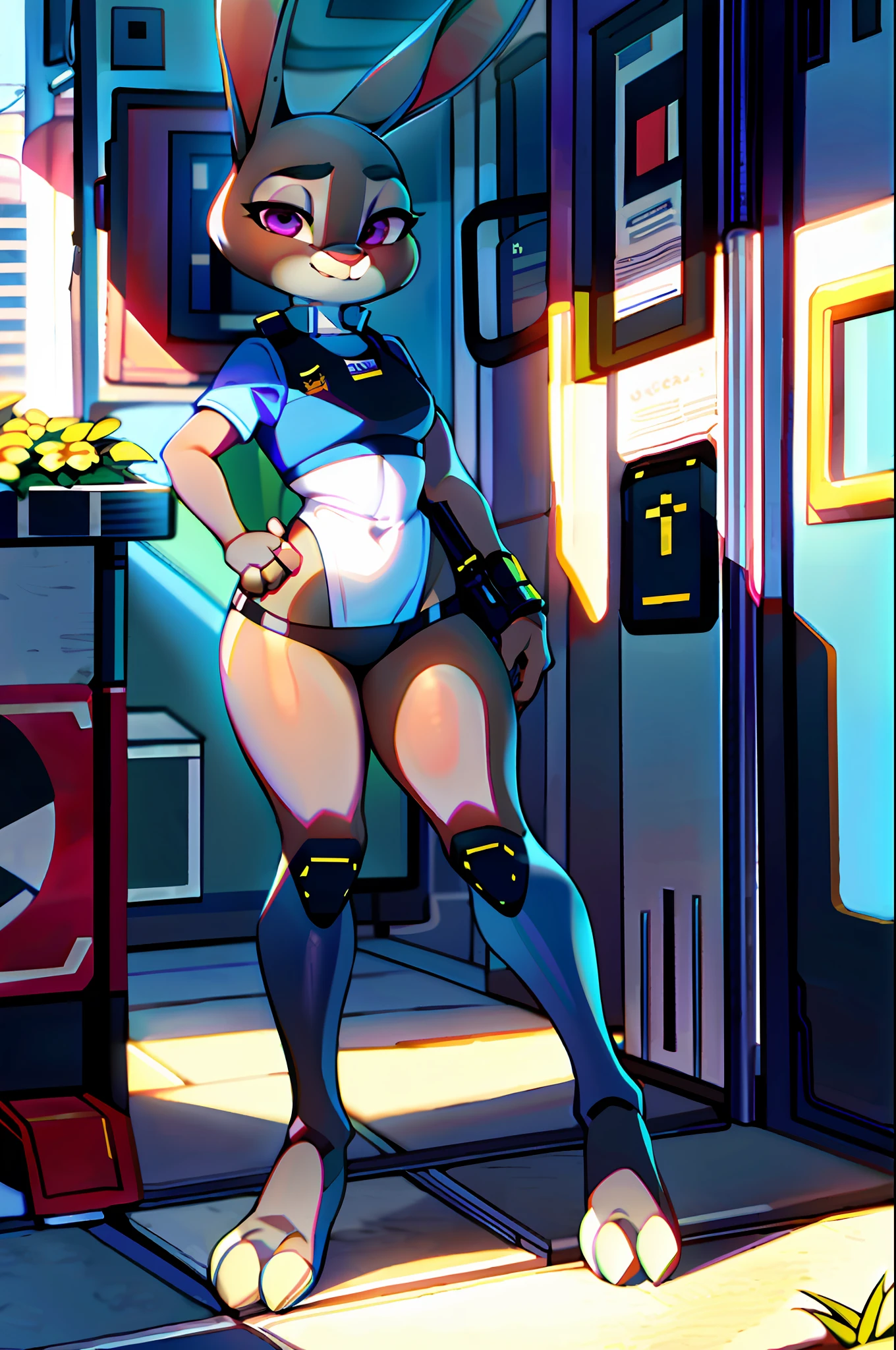 best quality, masterpiece, solo, 1girl, JudyHopps, police uniform, police hat, no pants, long socks, no panties, no pants, no shoes