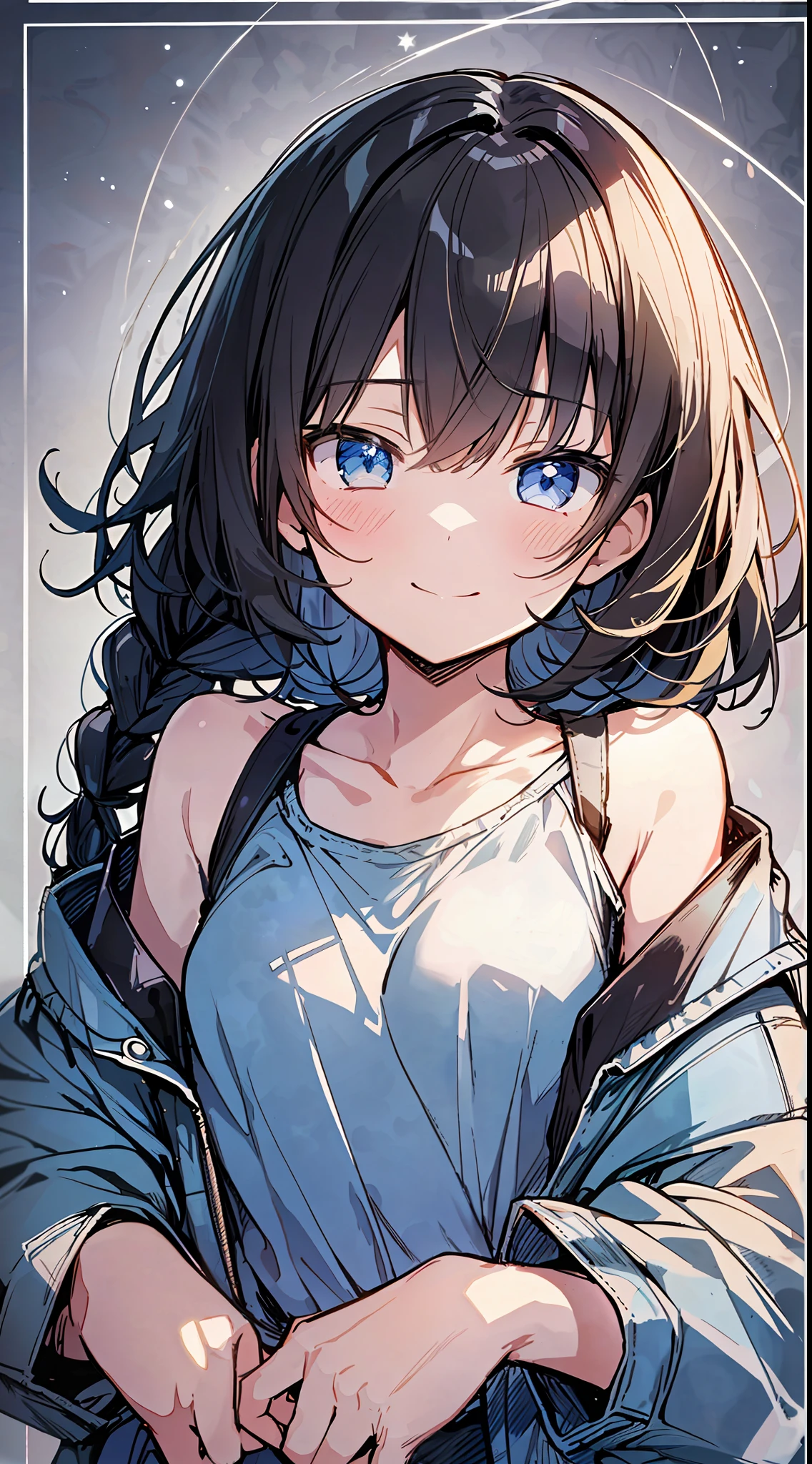 (Incredibly Absurdres Absolutely Resolution: 1.5), Top Quality, Masterpiece, Ultra High Resolution, 8k, Sun, (Oversized Denim Jacket, Symbol Print T-Shirt, Pants), Shoujo Manga Style, Loli, Mini Character, SD Chara, Soft Line Art, Denim Digital Enhancement, Shojo Manga Touch, Shoujo Manga Core, (((Hair length to shoulder)))), (Short braid))), soft drawing, beautiful black hair, clear eyes, (((gentle smile))), ultra-detailed digital anime art, clear face depiction, ultra-detailed shoujo manga character art, clear facial features, manga style, top quality colors, foot-up viewing angle, entangle, beautiful and aesthetic:1.3、High quality:1.3
