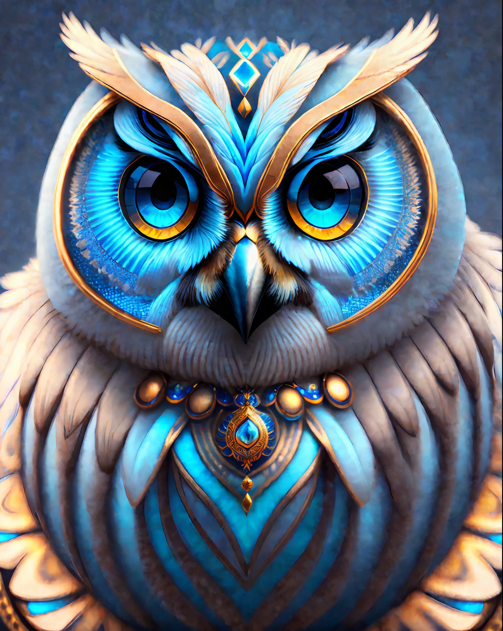a digital painting of an owl with blue eyes, unreal engine render + a goddess, very detailed , beeple global illumination, elaborate ornate jewellery, trending on cgisociety, motion graphics, rossdraws global illumination, cgsociety