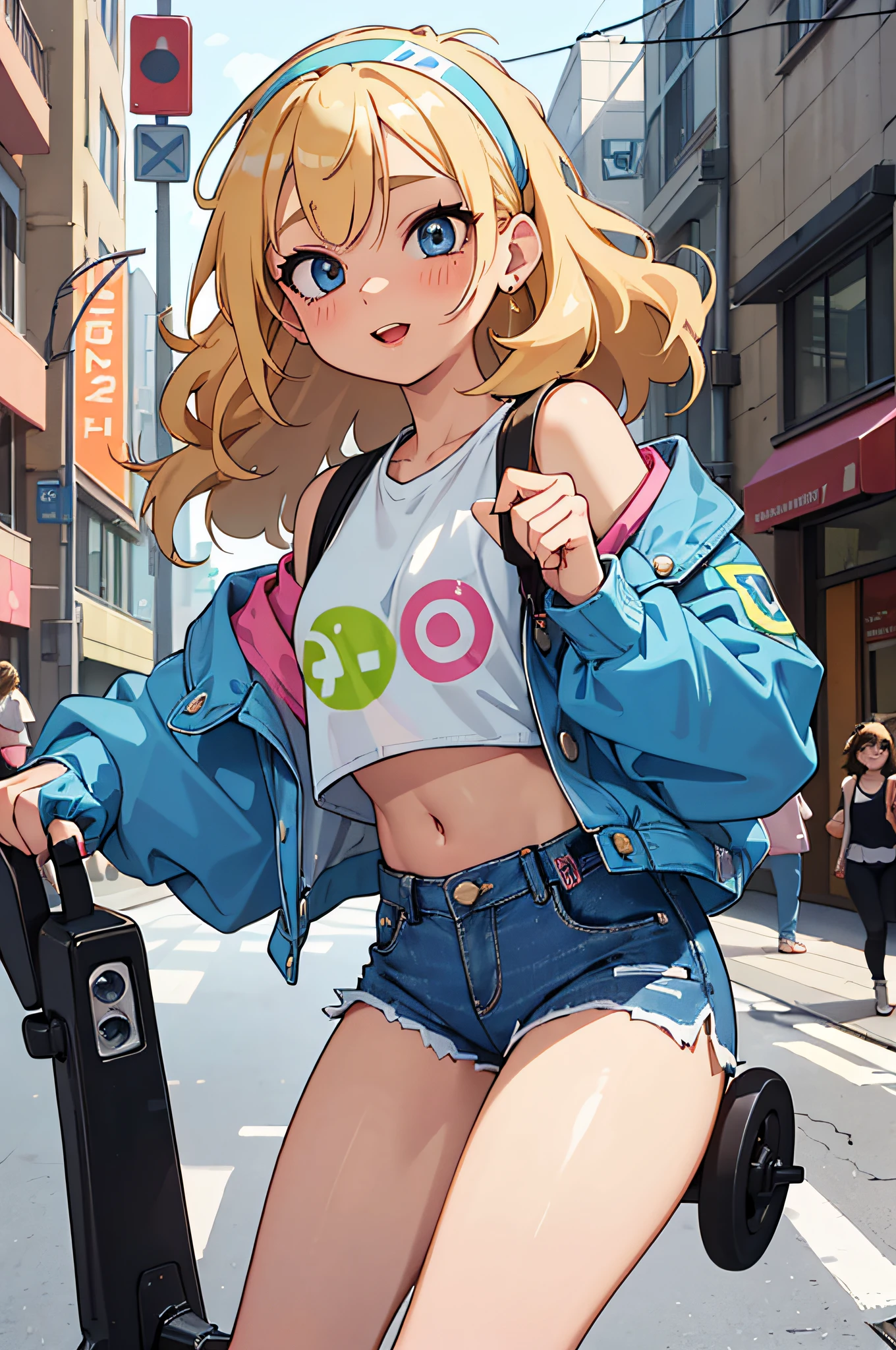 (masterpiece), (portrait), (aesthetic), (beautiful), (upper blody), (high quality), (aesthetic clothings), (professional angle), (rule of thirds), (Feminine), (woman), (female), (beautiful),(feminine features), (25 years), solo, 1 woman, (attractive 80's Girl), Summer, Vibrant light, ((Roller Skating)), (Gliding), Retro Makeup, (Small bust), ((Cassette Player)), (Side face), (Joyful expression), ((Playful)), (Neon Sunglasses and Headband), ((Medium hair)), (Blonde hair), (Wavy hair), (Thick hair), Glossy shine hair, (Scrunchie in hair), (Blue eyes), (Trendy and Energetic look), (Tan skin), (Neon Colors clothing), (Crop Top), (Denim Jacket), (Denim Shorts), Off-Shoulder neckline), ((Urban Street background)), (Full Shot Shot), beautiful hands, two hands, normal hands, two arms, complete hands, beautiful body, beautiful fingers, normal fingers, five fingers, five fingers, (Thumb index meddle ring little fingers), beautiful ears, normal ears, beautiful eyes, shiny eyes, beautiful mouth, beautiful lips,