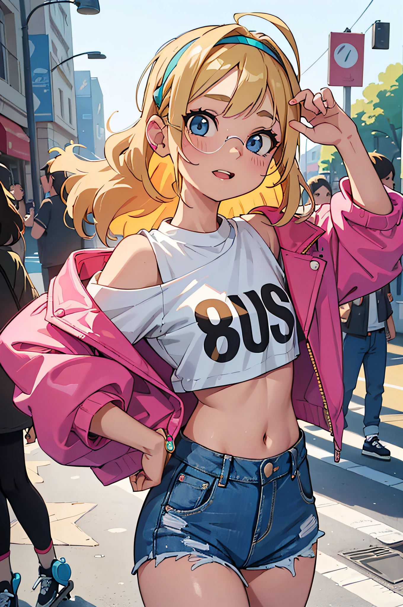 (masterpiece), (portrait), (aesthetic), (beautiful), (upper blody), (high quality), (aesthetic clothings), (professional angle), (rule of thirds), (Feminine), (woman), (female), (beautiful),(feminine features), (25 years), solo, 1 woman, (attractive 80's Girl), Summer, Vibrant light, ((Roller Skating)), (Gliding), Retro Makeup, (Small bust), ((Cassette Player)), (Side face), (Joyful expression), ((Playful)), (Neon Sunglasses and Headband), ((Medium hair)), (Blonde hair), (Wavy hair), (Thick hair), Glossy shine hair, (Scrunchie in hair), (Blue eyes), (Trendy and Energetic look), (Tan skin), (Neon Colors clothing), (Crop Top), (Denim Jacket), (Denim Shorts), Off-Shoulder neckline), ((Urban Street background)), (Full Shot Shot), beautiful hands, two hands, normal hands, two arms, complete hands, beautiful body, beautiful fingers, normal fingers, five fingers, five fingers, (Thumb index meddle ring little fingers), beautiful ears, normal ears, beautiful eyes, shiny eyes, beautiful mouth, beautiful lips,