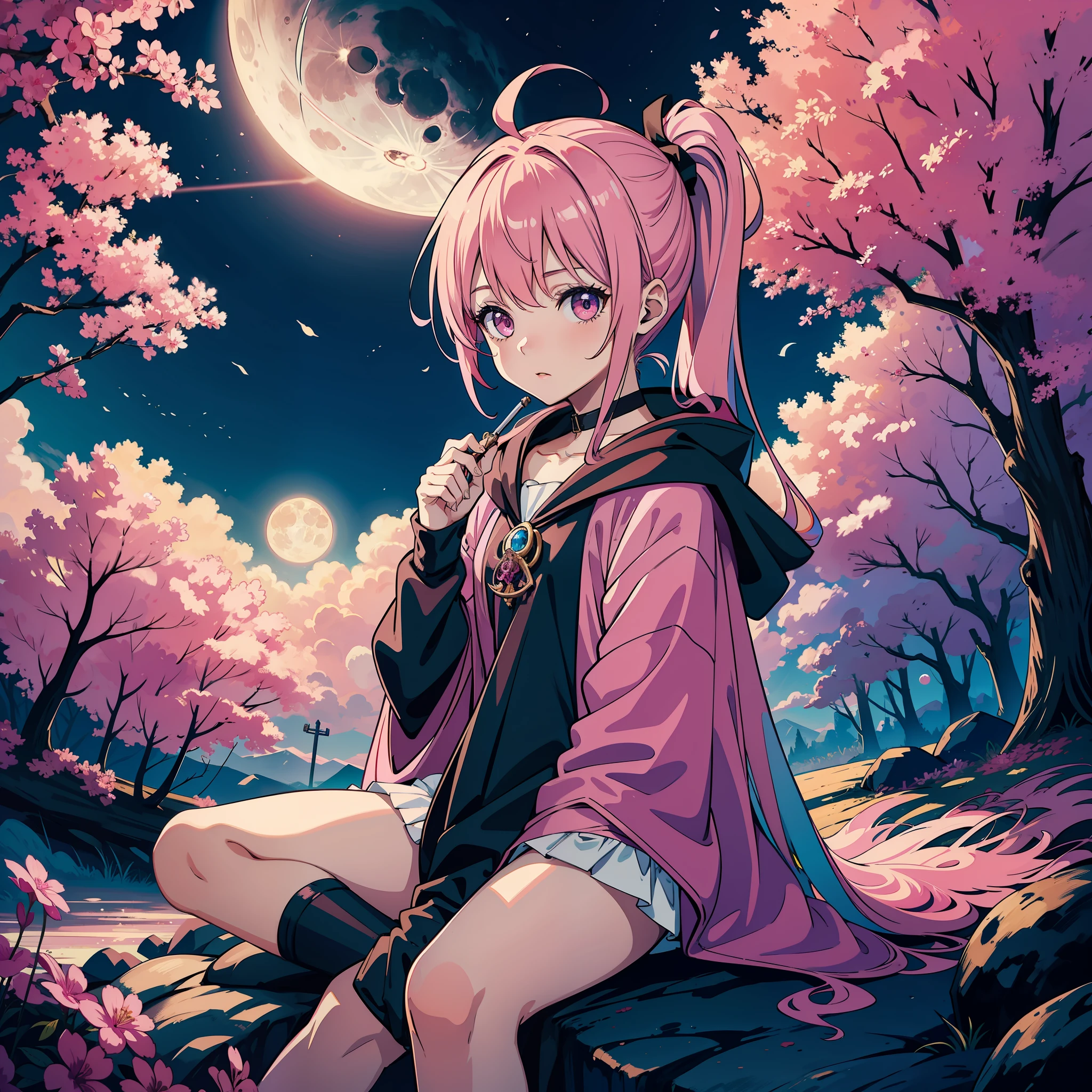 /girl, (pink hair 1.3), double ponytail, sitting on a cloud, witch cloak, wand in hand, full moon in hand