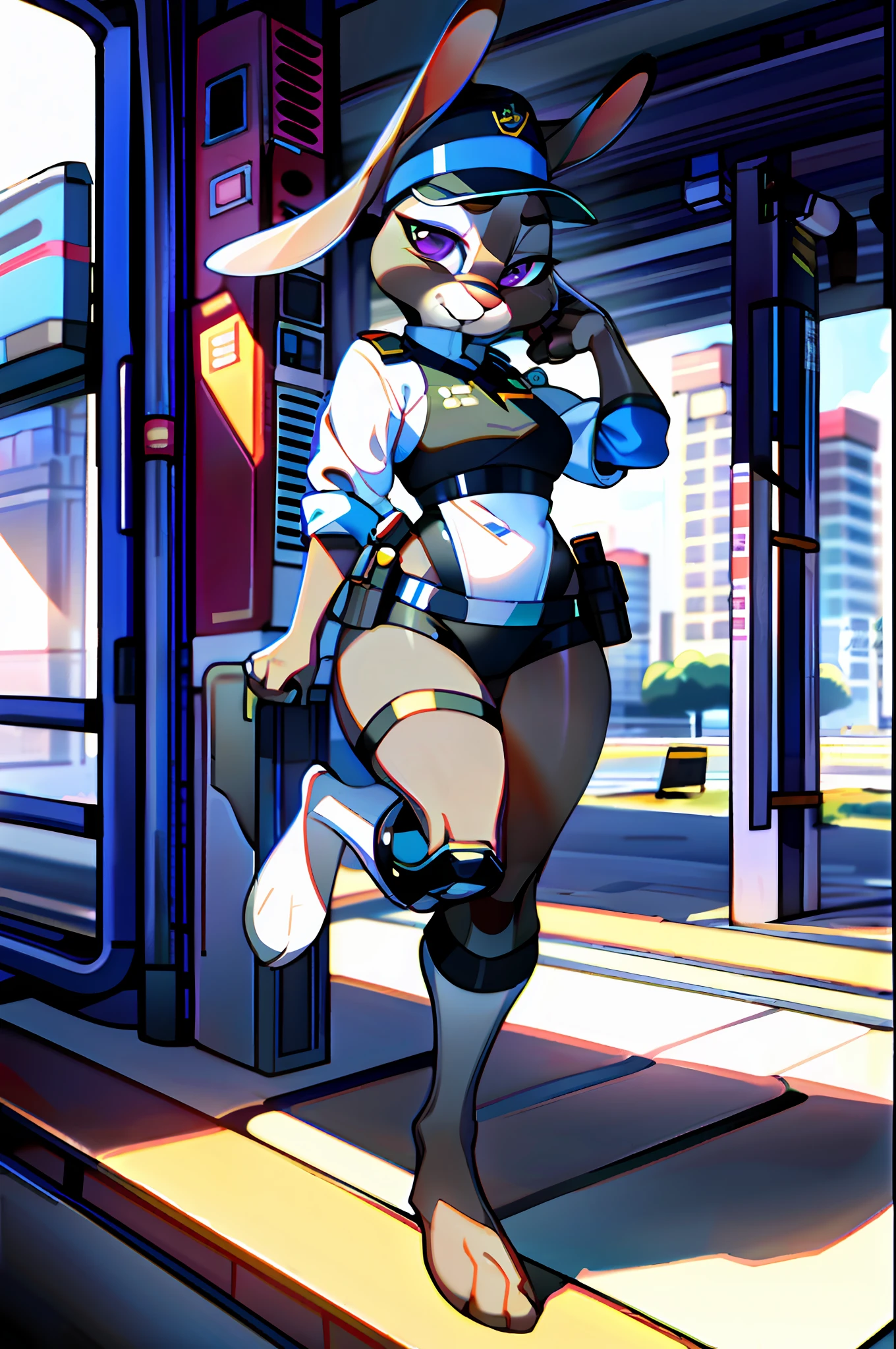 best quality, masterpiece, solo, 1girl, JudyHopps, police uniform, police hat, no pants, long socks, no panties, no pants, no shoes