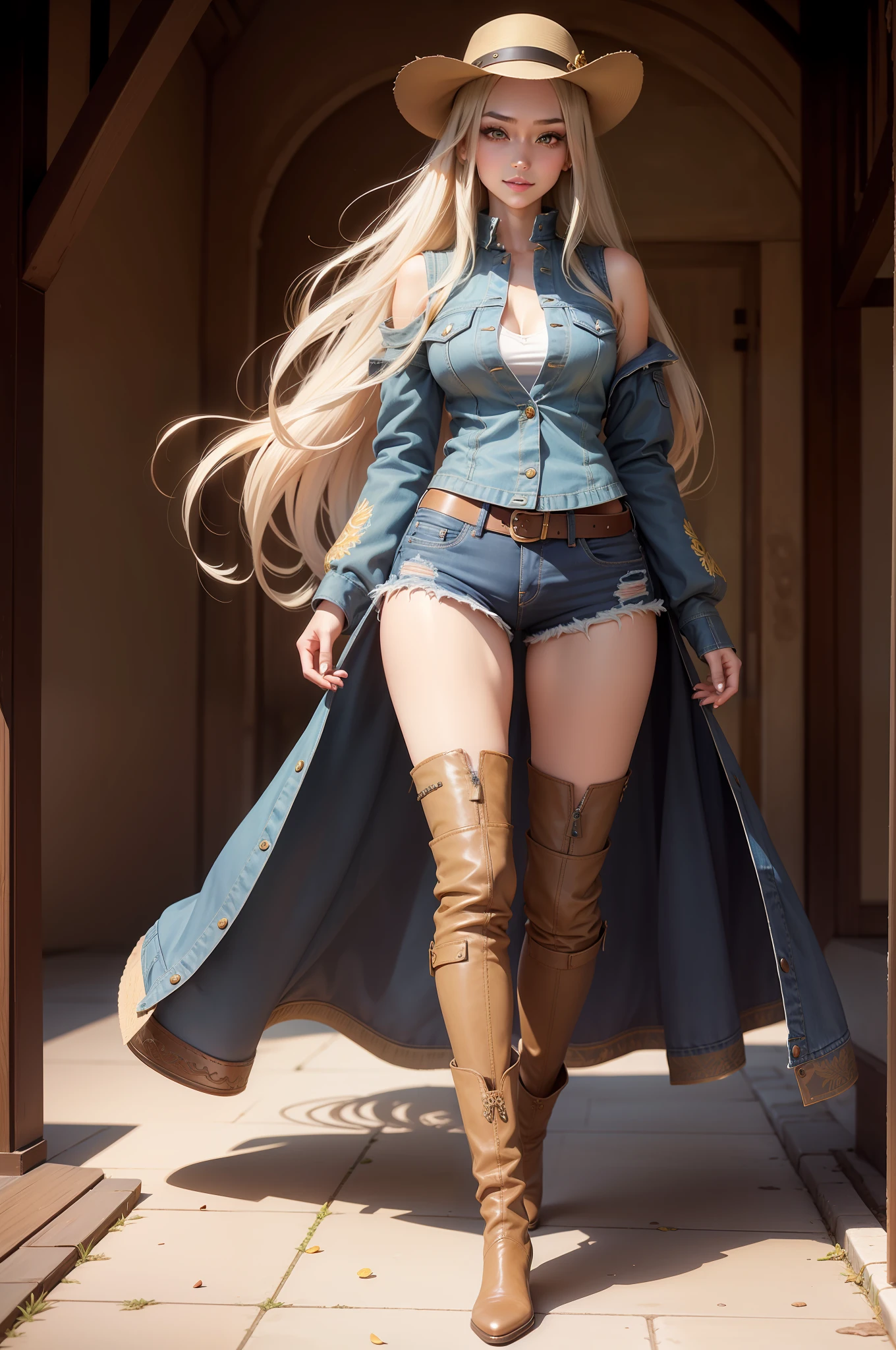saika1, pointed embroidered denim short leather boots, leather jacket, denim shorts, full body, masterpiece, best quality, realistic, realistic, super detailed, photo, realistic, best quality, 1 girl, woman, long hair, smile, melon seed face, perfect body ratio, tall figure, long legs, golden ratio body, beautiful appearance, beautiful big eyes, 9 head body, eye shadow.