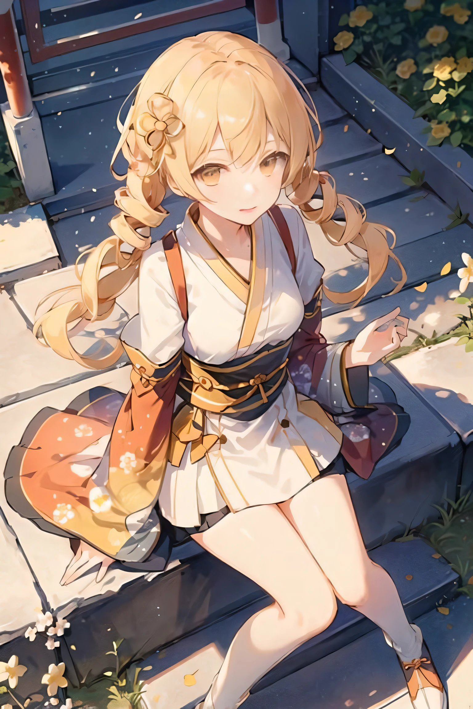 1girl, solo, from above, \(yellow flowers\), aesthetic, intricate, best quality, detailed background, Mami Tomoe, ((\girl wearing a patterned yellow kimono:1.2\)), \(sitting in garden\), casual pose, detailed textures, posing, floral print, japanese clothes, hair ornament, kimono, obi, outdoors, pagoda, petals, yellow kimono, sash, shrine, sky, stone stairs, torii, wide sleeves, yukata