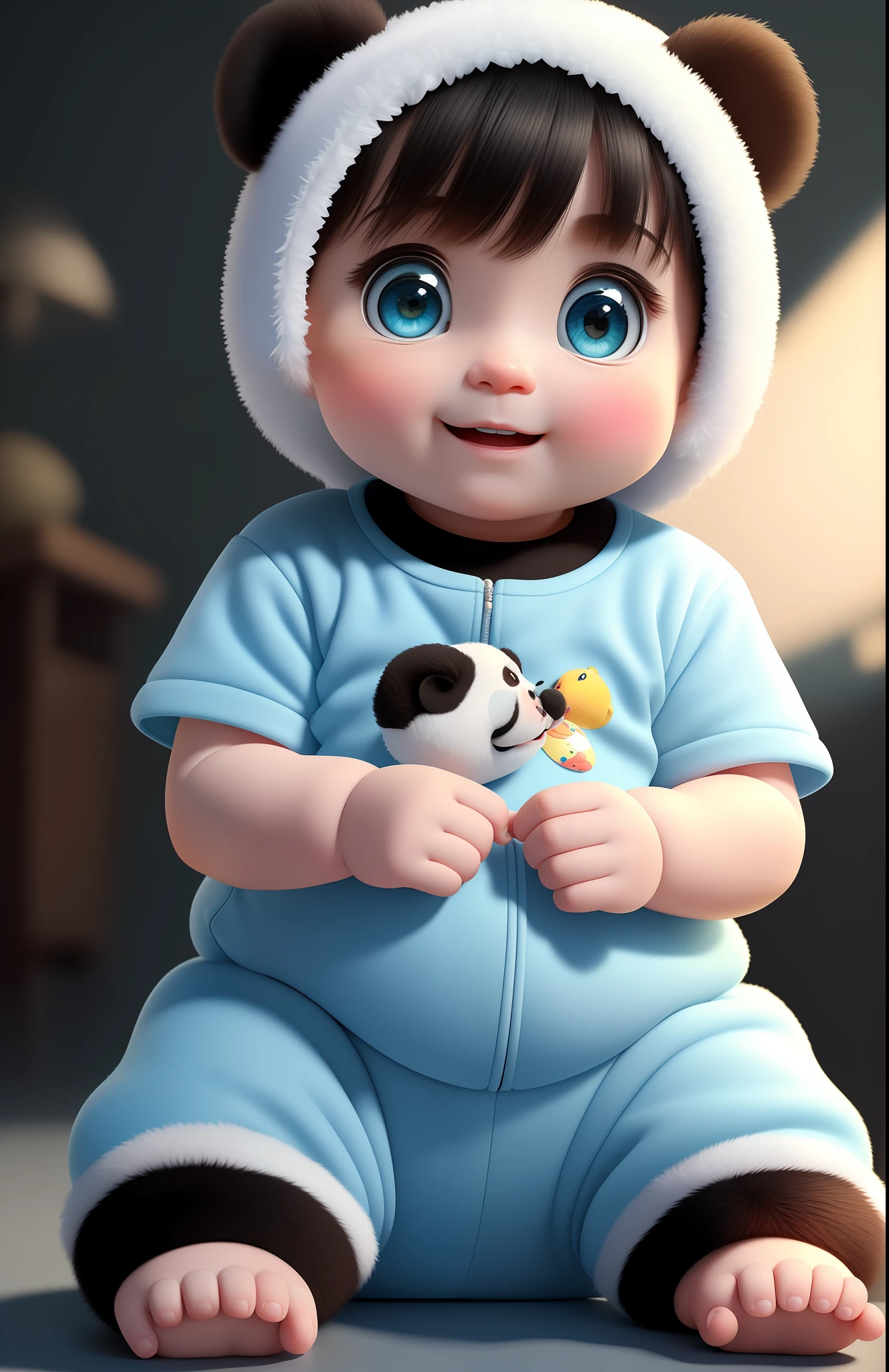 (masterpiece), (best quality), (ultra-detailed), (full body: 1.2), Super cute, Baby, Pixar, Baby panda in pajamas,sitting, Big and bright eyes, Cute, Smile, Delicate and thin, Fairy tales, Incredibly high detail, Pixar style, bright color palette, natural light, simple background with pure colors, Octane rendering, trend on Artstation, gorgeous, ultra wide angle, 8k, HD, realistic