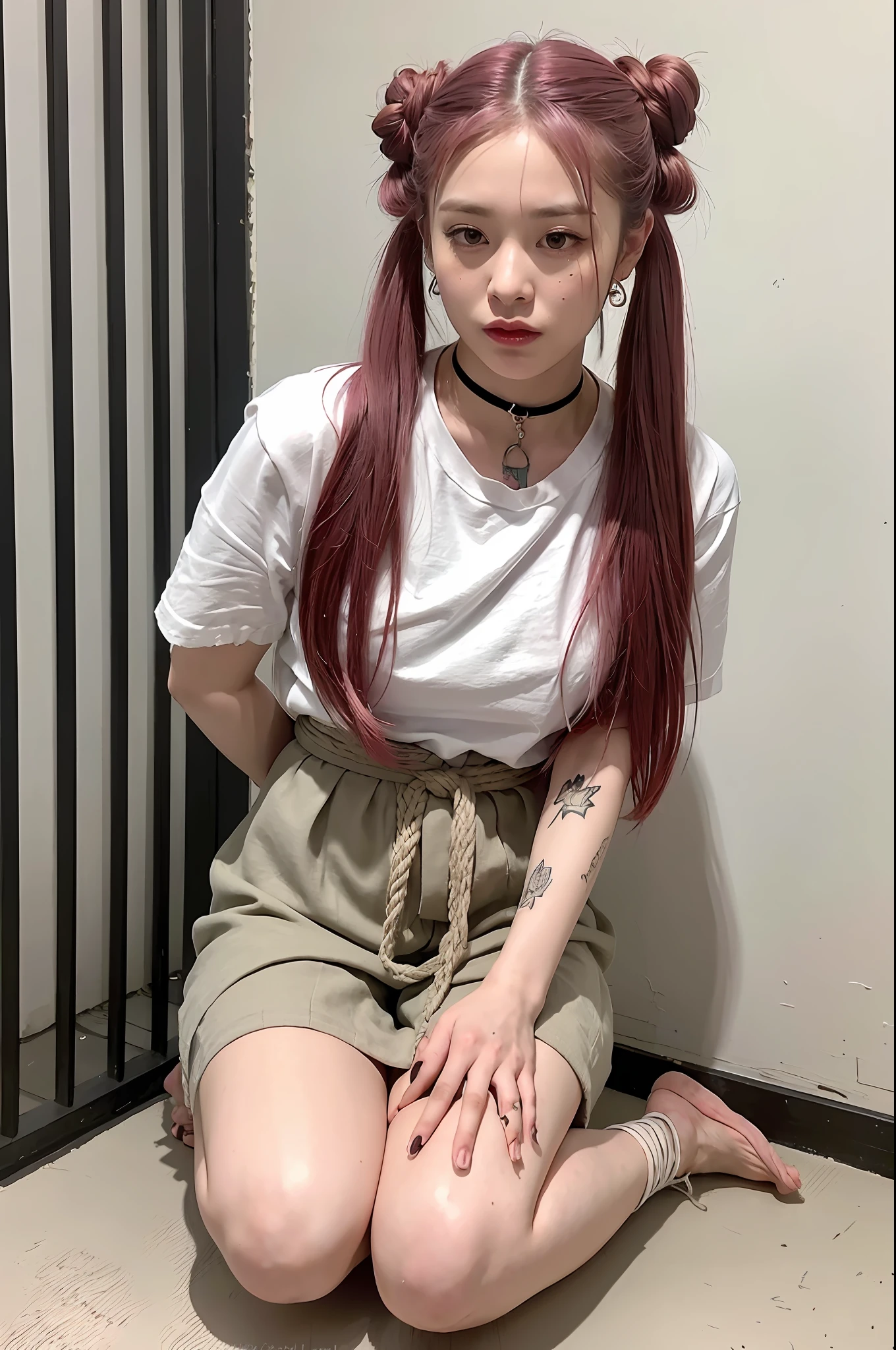 (8k:1.27), best quality, masterpiece, ultra highres:1.2), lesbian delinquent girl with dyed hair andnarm tattoos, tattooed girl, full body picture, dirty old white oversized knotted prisoner t-shirt, dirty big t-shirt, short big sleeves, beige prisoner pants tied with a rope, wearing dirty old goth clothes, long pink hair pulled back and messy bun, kneeling in a prison cell, handcuffed, hands tied with rope behind body, submissive neck choker and checkered keffiyeh scarf in neck, 4k or 8k picture, looking at the floor down very sad, very sad face, praying, paisley bandana pirate style headscarf, smelly, barefoot, rope hanging from ceiling, tattooed body