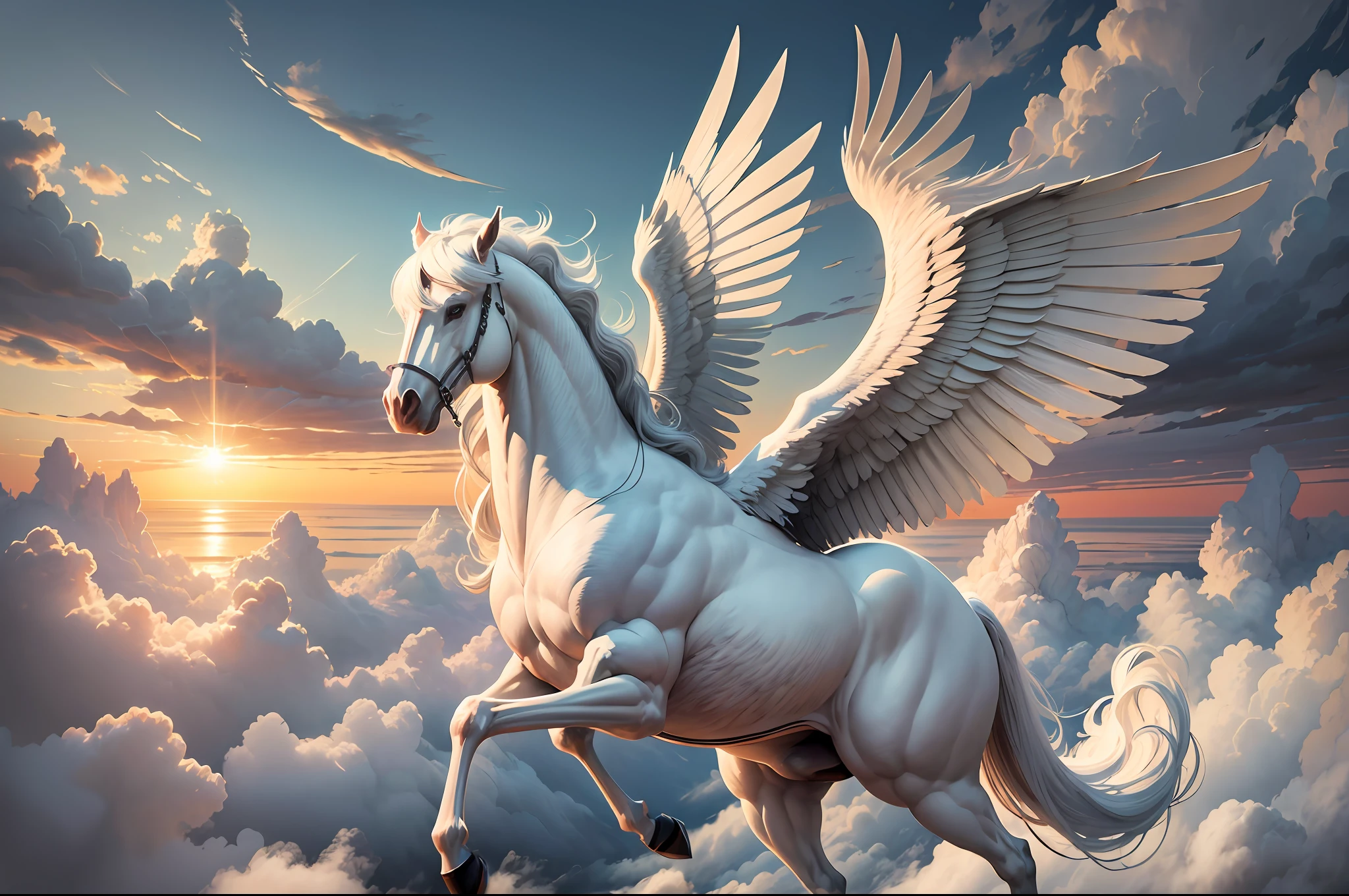 Pegasus, mythical creature, a horse with big wings on its back., white coloured, on a cloudy sunset with pastel tones. Realistic raytraicing, surreal concept. --auto --s2