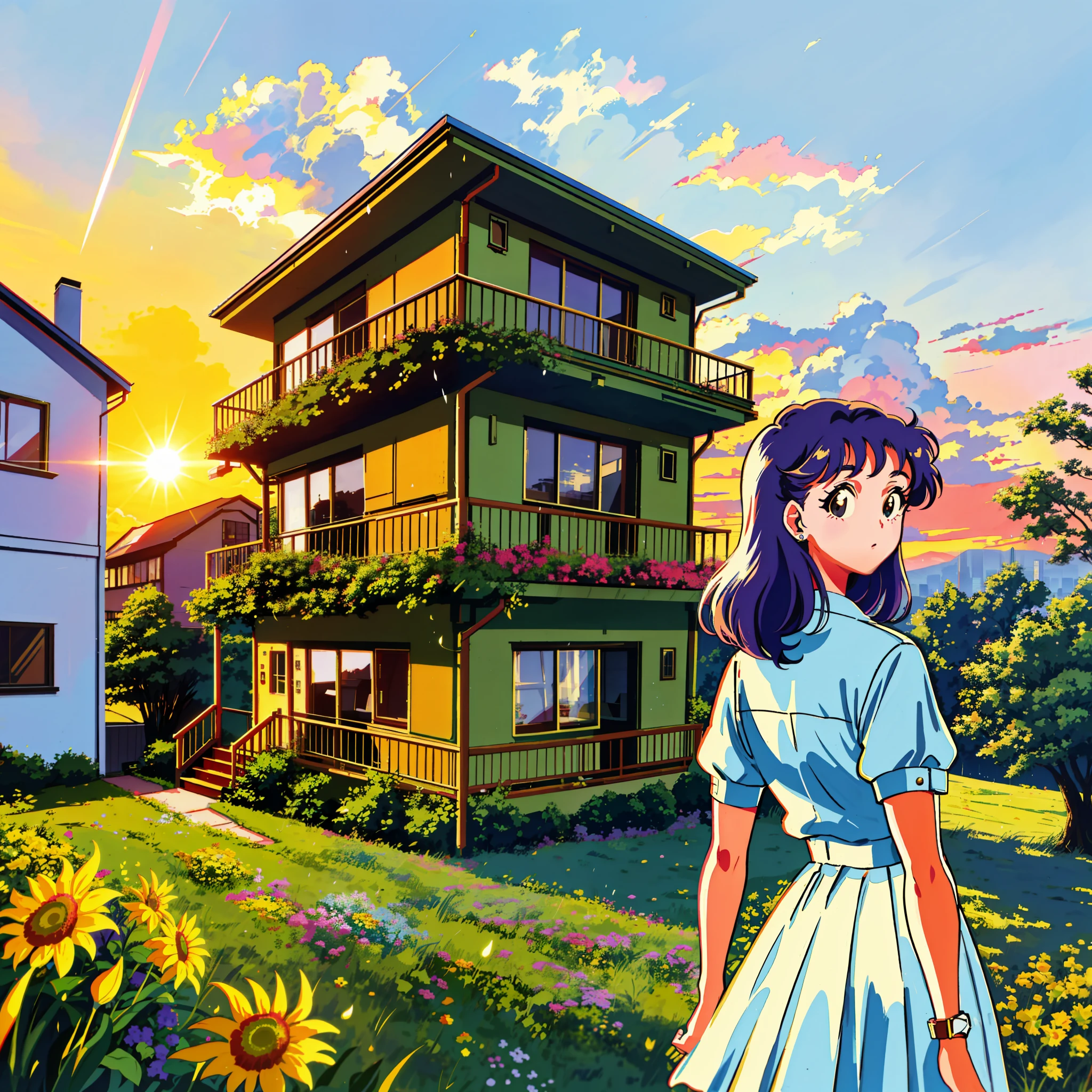 Camera angle from behind, in a small house at the top of a hill, a young woman in her early 20s, with 80s styled hair, watches the sunset from the top of the hill, at the porch of her house, wind moves the grass, sky is bright with the sun rays coming from the horizon, a partial rain is still falling, the hair of the girl is taken by the wind, 1980s analogue picture, retro, film grain, (seizo watase style:0.9), the porch is at the picture with a balcony where the girl stands, she looks directly at the sun, view from behind her head, 1980s