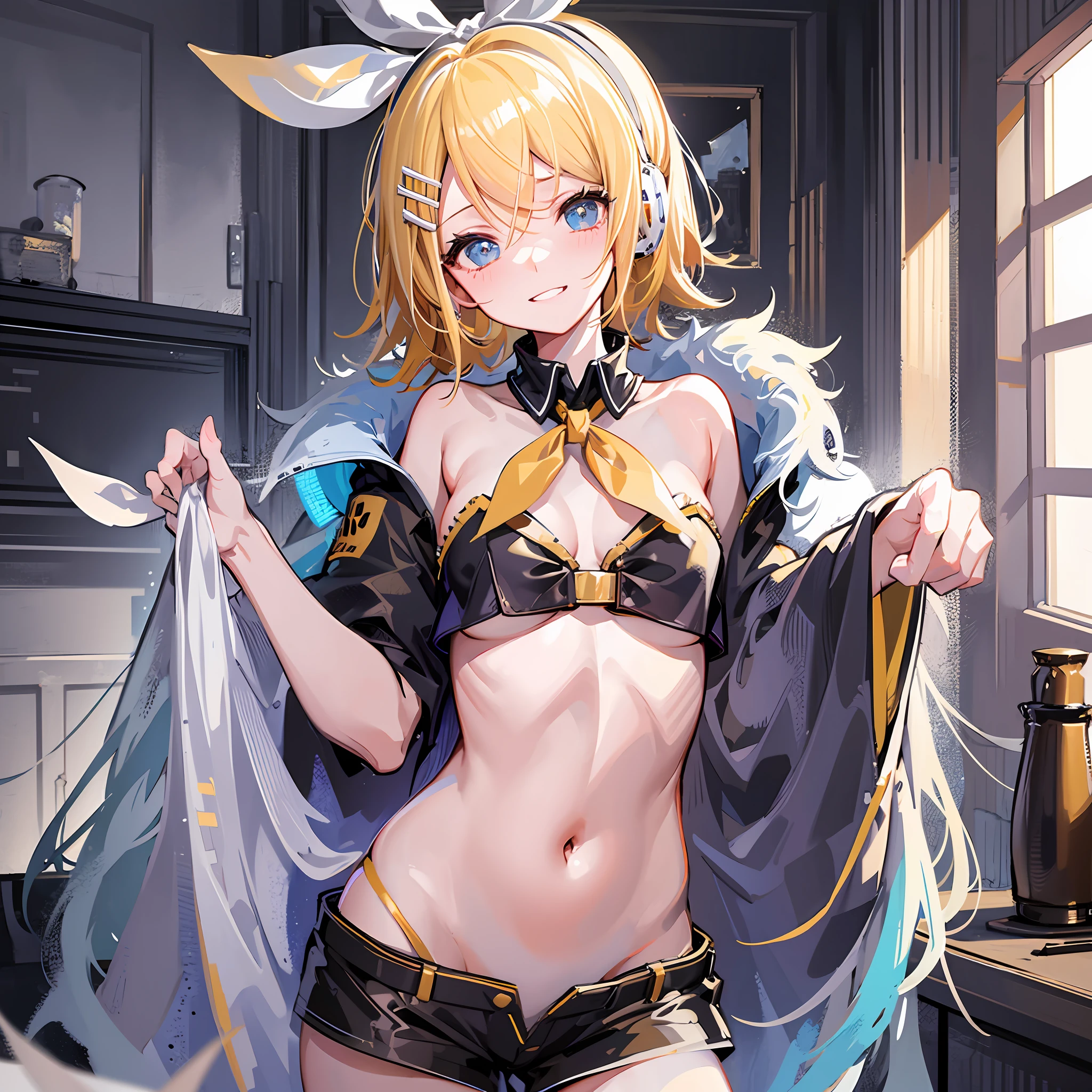 Masterpiece, Top Quality, Illustration, Ultra Detail, High Resolution, Absurdity, One Girl, (Kagamine_Rin:1.5), Vocaloid, Very Cute, (Blonde), [Short Hair], Hair Clips, (Pretty Blue Eyes), Lively Eyes, (Bright Eyes: 1.2), Beautiful Girl, Smiling, (Black Shorts: 1.5), (Yellow Neckerchief), (White Hair Ribbon), [ White Hair Clips, Headphones, Viewers Love, Heart, Love Love, Light, Delicate Hands, Innocence, (Young: 1.3), (), (Loli), Girlnd, Bedroom, Night, Delicate Eyes, Bare Legs, [Blue Archive Style], [Beautiful Girl Anime Style], Estrus / Naughty Mood, Pampered, NSFW, Grinning, Seducing, Beginning to Undress, Fluffy Clothes, naked, clean skin, skimpy, see-through, wet, cleavage, undressing, bare breasts, sexy, cowboy shot, belly button visible, [devil's laughter], brat