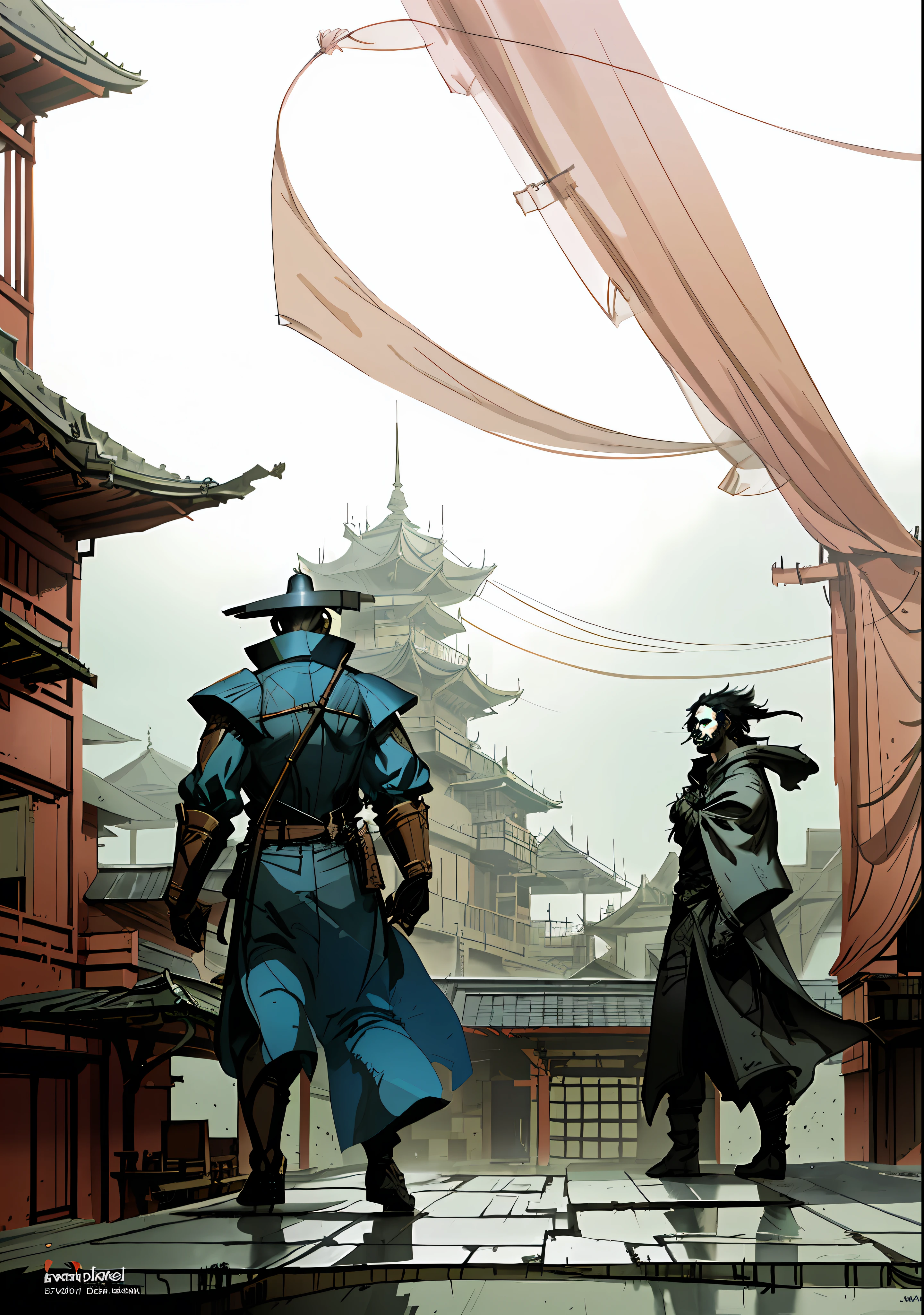 anime scene of two men in a courtyard with a pagoda in the background, digital painting concept art, illustration concept art, concept art for a video game, rob rey and kentarõ miura style, master study, ismail inceoglu and ruan jia, speedpainting, painted as a game concept art, concept art digital illustration, d & d digital painting