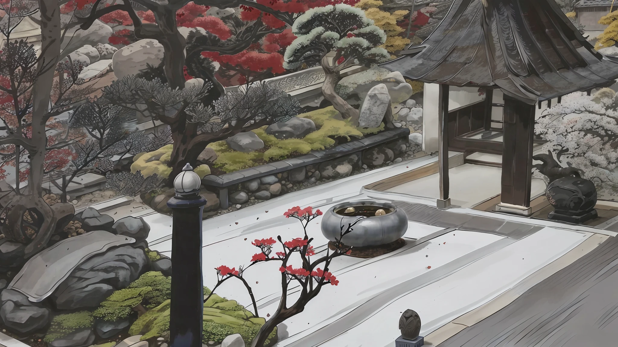 japanese bonsai tree, japanese folklore, mystical garden, exterior of Japanese shrine, japanese architecture, yokai otomo style, yokai otomo style, center of village,