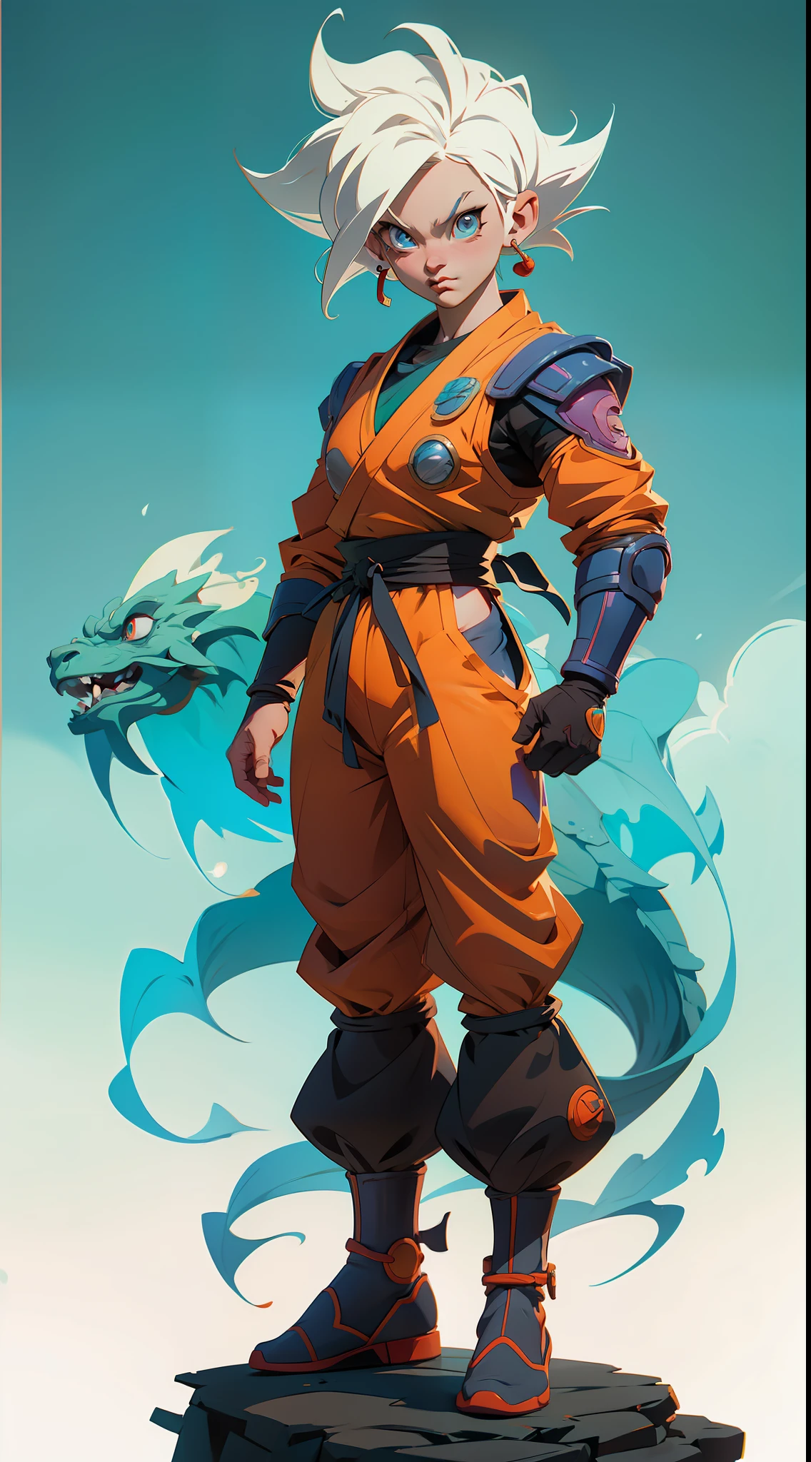 Dragon Ball Super character concept, full body, colored, illustration, soft lighting, soft details, painting oil on canvas, octane render, HDR, trending on artstation, 4k, 8k, HD