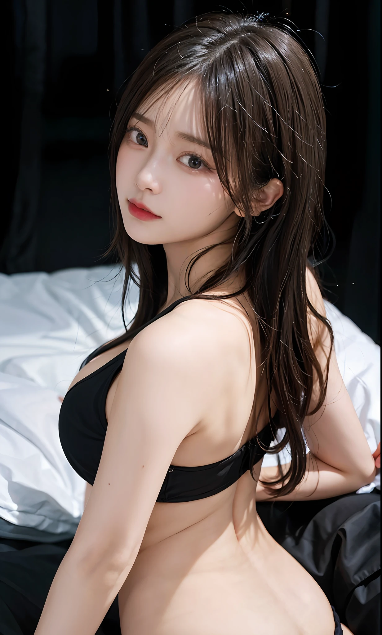 (RAW photo: 1.2), top quality, beautiful detailed girl, in underwear, back figure, butt facing us, full body, black underwear, highly detailed eyes and face, beautiful detailed eyes, huge file size, high resolution, 8k wallpaper, fine details, very detailed ticker uniform 8k wallpaper, light on face, movie lighting, 18 year old girl, sexy pose, (photorealism: 1.4), Illustrations, super detail,