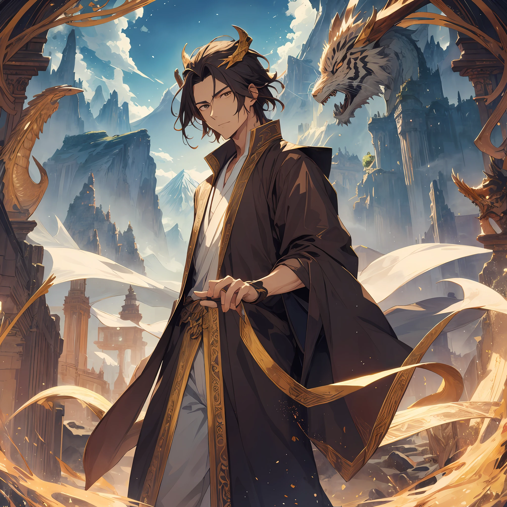 A handsome heavenly master, exquisite facial features, enlightened immortals, wide robe, a disdainful expression, the background is mountains and rivers, there are dragons and tigers