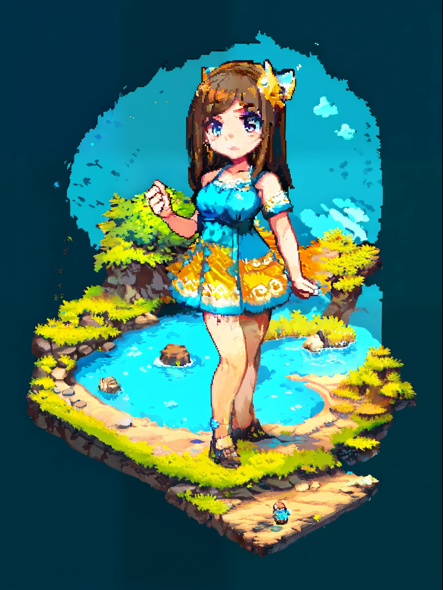 8K, UHD, HD details, masterpieces, (best details), (high quality), 1 cute , wearing blue dress, playing by the beach