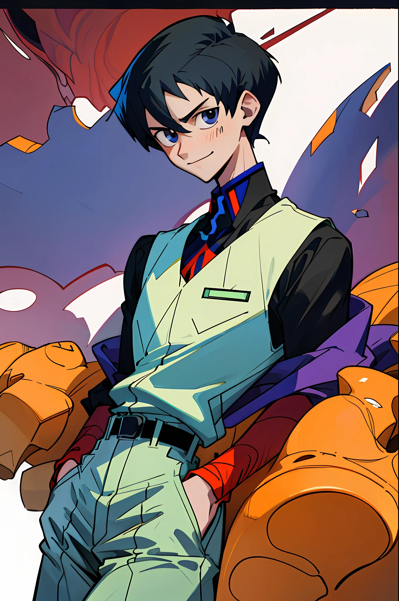 (best quality, masterpiece), 1boy, upper body, formal, looking down, looking at the viewer, black hair, hand in pocket, thin, smile, black humor, shinji Ikaro, evangelion