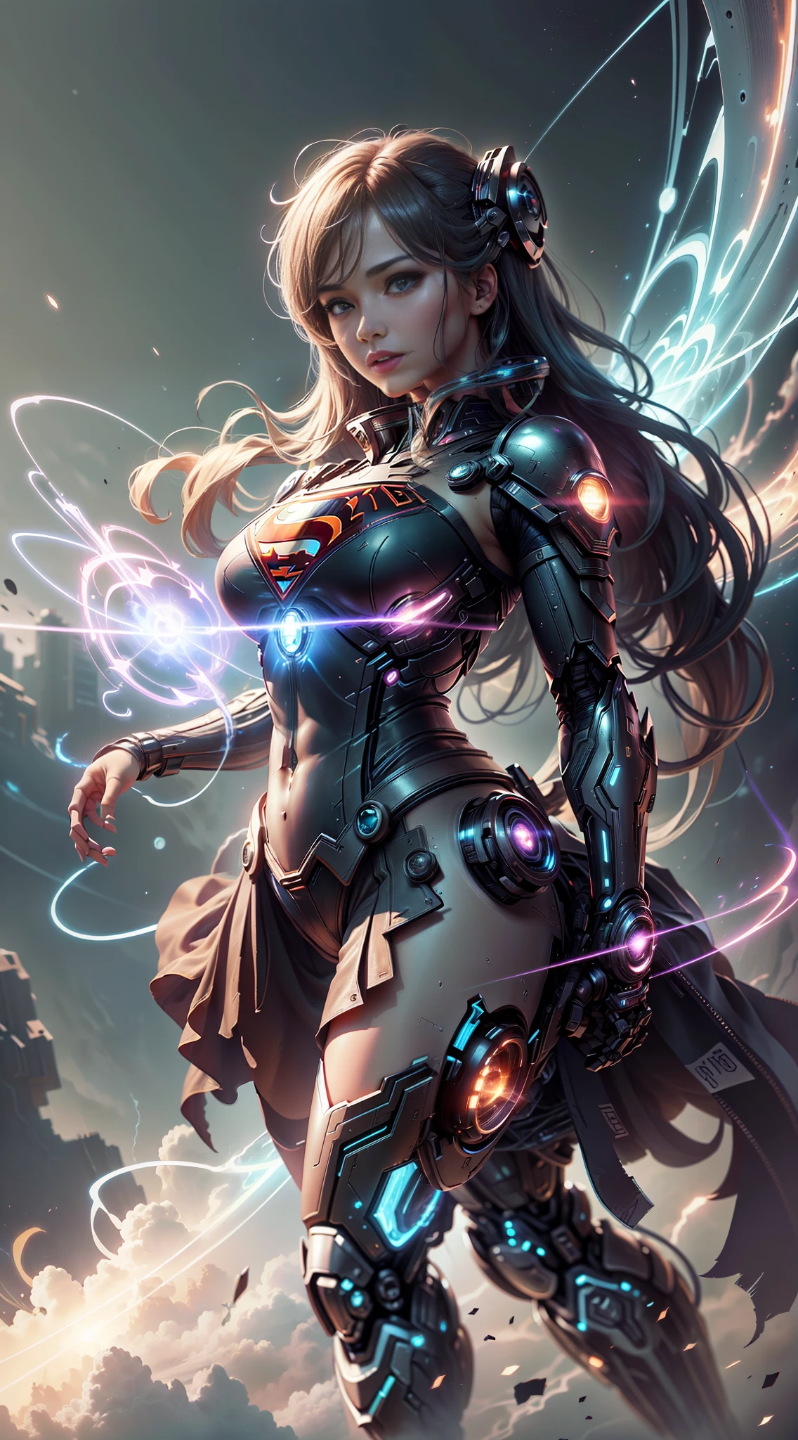 ((Best quality)), ((Supergirl's masterpiece)), (highly detailed:1.3), 3D, beautiful, (cyberpunk:1.2), in space, nebulous, holding_weapon, laser, (1Female Mecha:1.3), sexy body, facing the audience, bright blue eyes, full body, blonde, (flying, descending, dynamic, motion blur: 1.4), (huge wings of wicks: 1.6), looking up, glowing_eyes, mecha, panorama, background is earth,  nebula, space, particles, Reality, HDR (High Dynamic Range), Ray Tracing, NVIDIA RTX, Super Resolution, Unreal 5, Subsurface Scattering, PBR Textures, Post-Processing, Anisotropic Filtering, Depth of Field, Maximum Clarity and Clarity, Multilayer Textures, Albedo and Specular Maps, Surface Shading, Accurate Simulation of Light-Material Interaction, Perfect Proportions, Octane Render, Two-Tone Lighting, Large Aperture, Low ISO,  white balance, rule of thirds, 8K RAW, efficient sub-pixel, sub-pixel volume product, (best quality), (Japanese: 0.5), (Korean: 0.8), (Liu Yi Fei: 1.5) long hair, (big chest: 1.2) wearing superman's S on the chest. --auto --s2