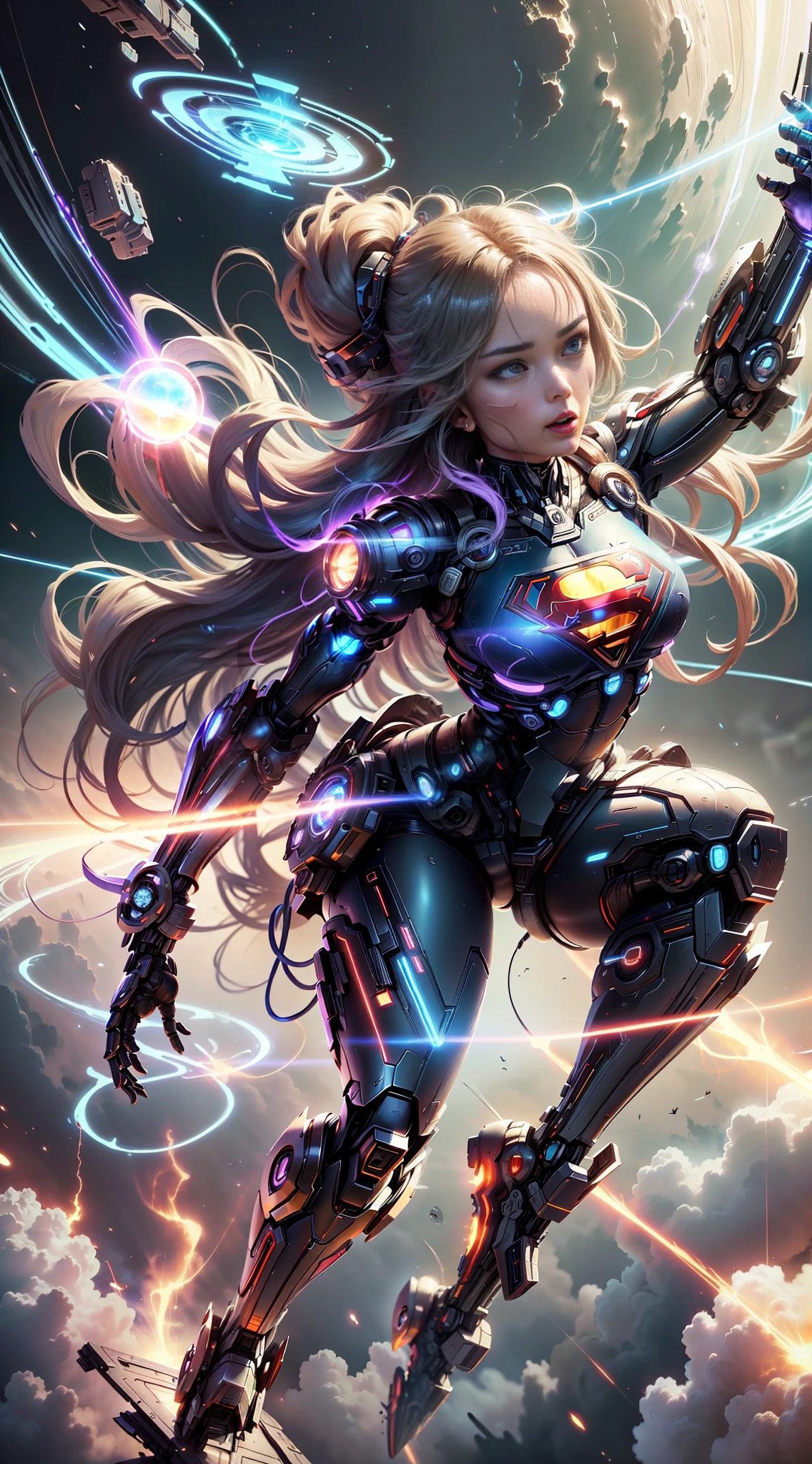 ((Best quality)), ((Supergirl's masterpiece)), (highly detailed:1.3), 3D, beautiful, (cyberpunk:1.2), in space, nebulous, holding_weapon, laser, (1Female Mecha:1.3), sexy body, facing the audience, bright blue eyes, full body, blonde, (flying, descending, dynamic, motion blur: 1.4), (huge wings of wicks: 1.6), looking up, glowing_eyes, mecha, panorama, background is earth, nebula, space, particles, Reality, HDR (High Dynamic Range), Ray Tracing, NVIDIA RTX, Super Resolution, Unreal 5, Subsurface Scattering, PBR Textures, Post-Processing, Anisotropic Filtering, Depth of Field, Maximum Clarity and Clarity, Multilayer Textures, Albedo and Specular Maps, Surface Shading, Accurate Simulation of Light-Material Interaction, Perfect Proportions, Octane Render, Two-Tone Lighting, Large Aperture, Low ISO, white balance, rule of thirds, 8K RAW, efficient sub-pixel, sub-pixel volume product, (best quality), (Japanese: 0.5), (Korean: 0.8), (Liu Yi Fei: 1.5) long hair, (big chest: 1.2) wearing superman's S on the chest. --auto --s2