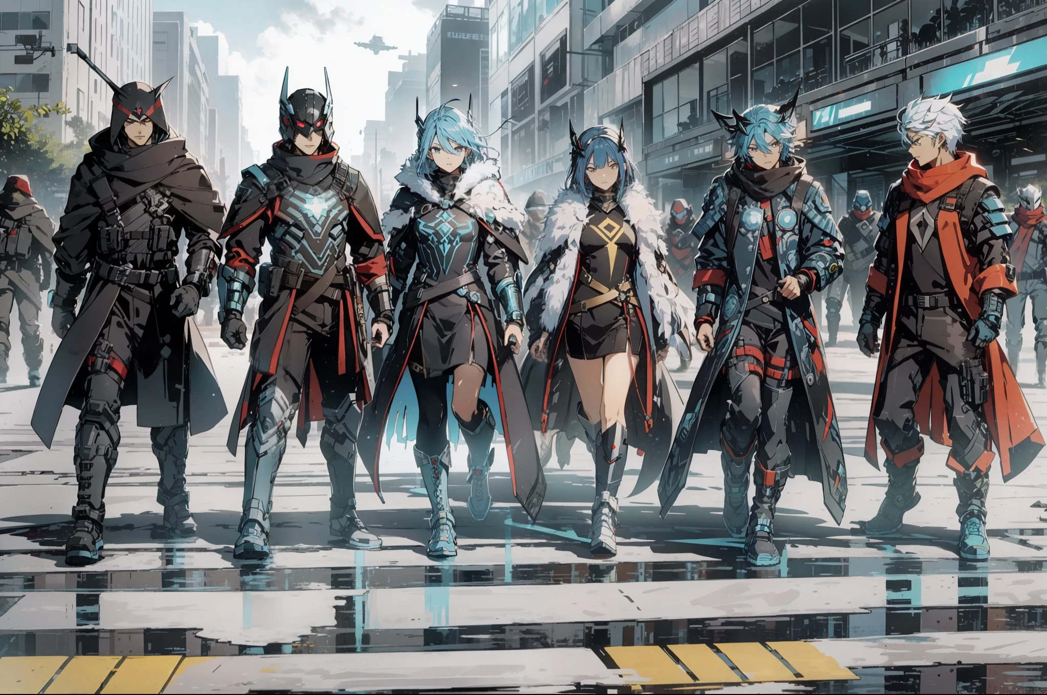 "Generate an image illustrating the gathering of the team as they recruit additional talented individuals. Showcase a diverse group of characters with various futuristic outfits and powers, each bringing their own skills to strengthen the resistance against the invading forces." --auto --s2