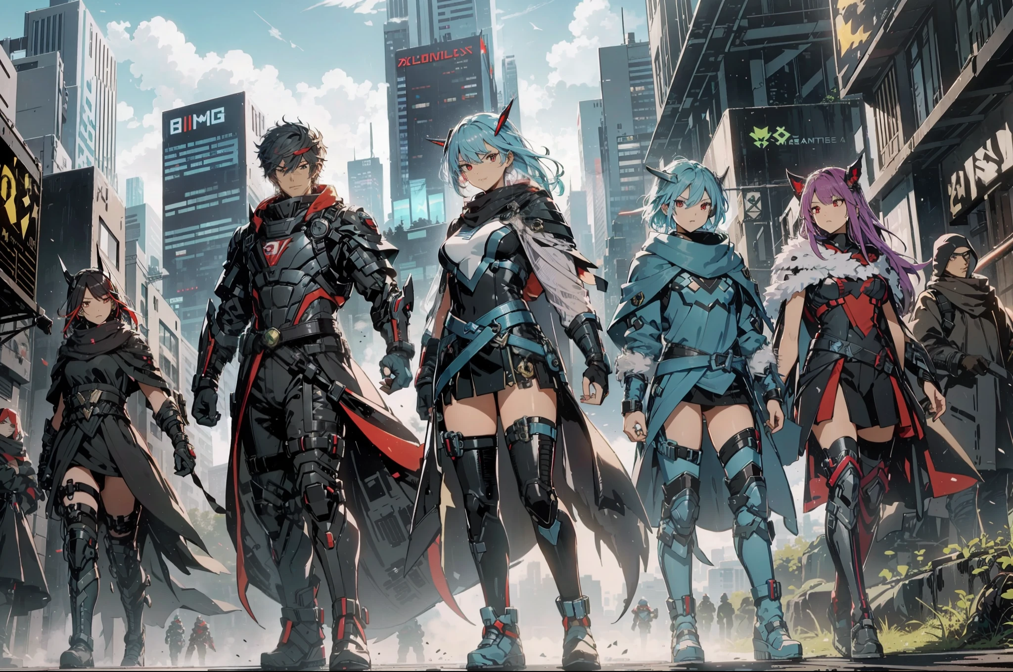 "Generate an image illustrating the gathering of the team as they recruit additional talented individuals. Showcase a diverse group of characters with various futuristic outfits and powers, each bringing their own skills to strengthen the resistance against the invading forces." --auto --s2
