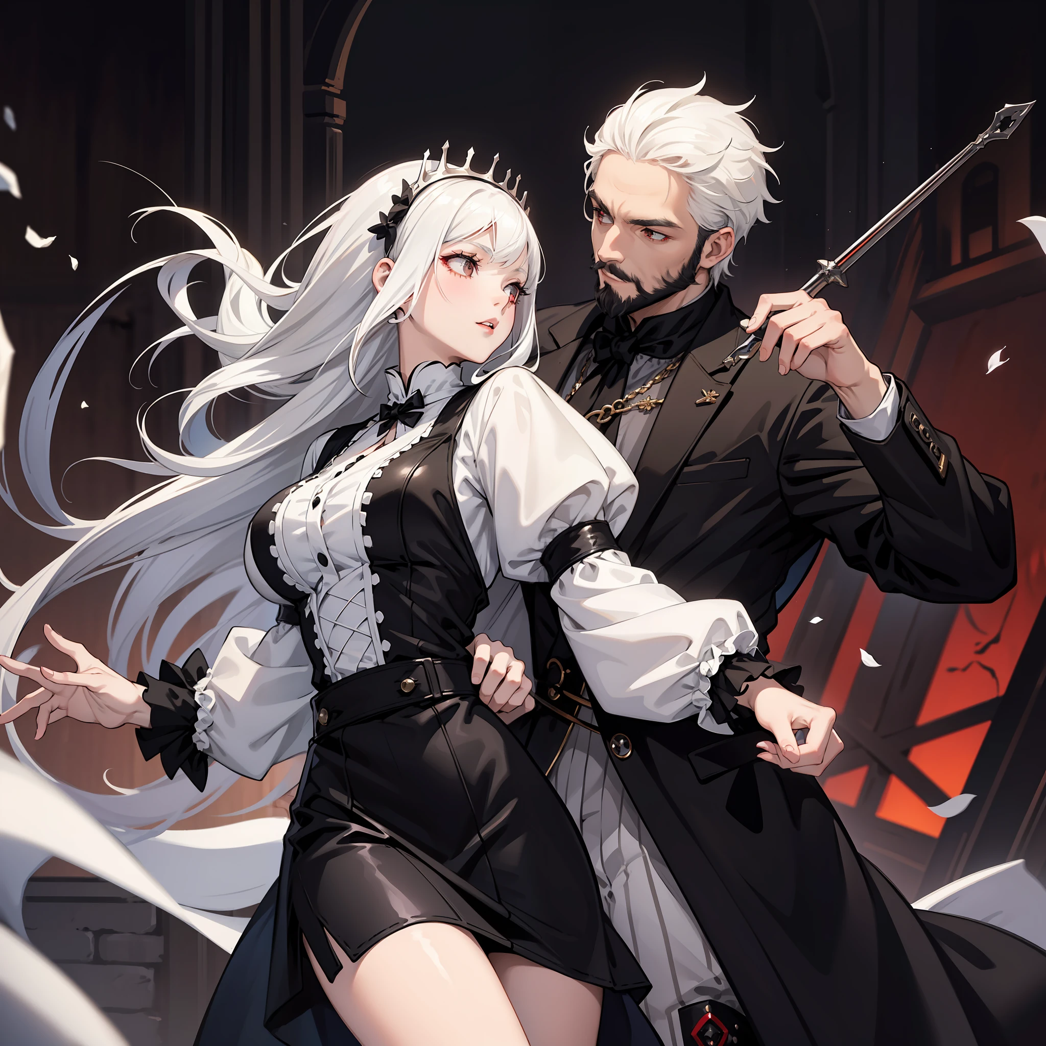 (best quality), detailed background, girl white hair,, horror, vampire, nobility, girl dancing with black hair man, black beard, castle (man short black hair, black hair)