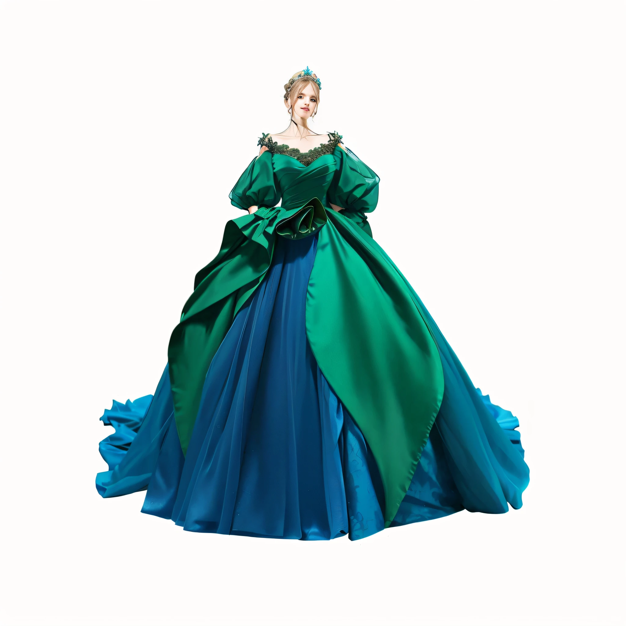 arafed image of a woman in a green and blue dress, flowing gown, royal gown, gown, fantasy long intricate gown, dressed beautiful gown, ombre velvet gown, long gown, digital art of an elegant, detailed fashion illustration, luxury fashion illustration, half-turned lady in evening gown, 2 d cg, turqouise, royal dress, magical dress