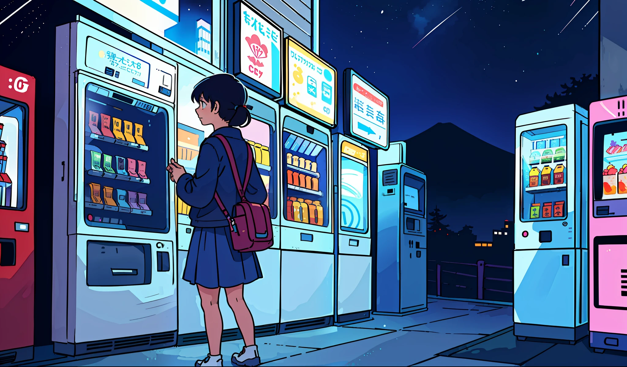 Girl in her 20s, (with vending machines lined up), Japan, ((night)), 80s,
(Best Quality: 0.8), (Best Quality: 0.8), Perfect Anime Illustration, Dark Unclear Face, Glowing Eyes