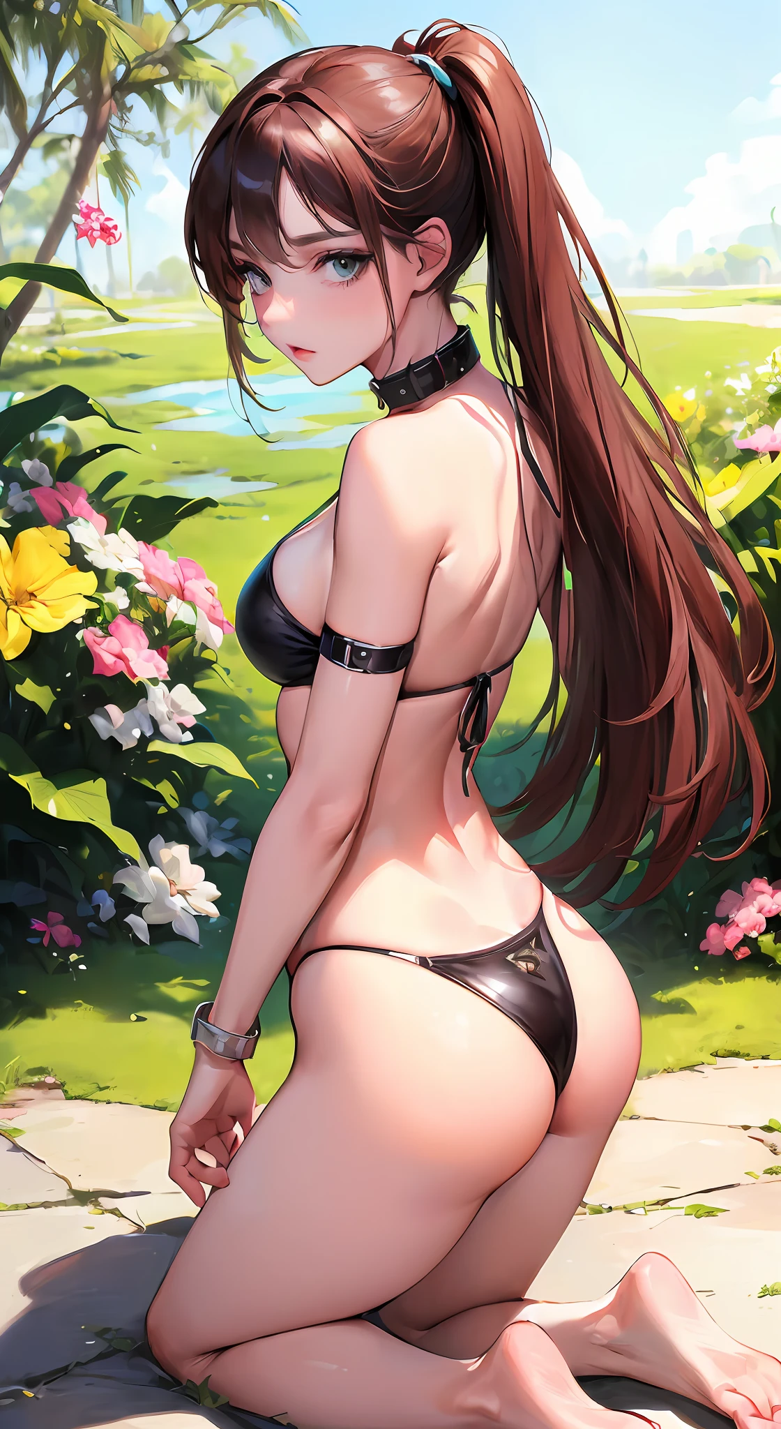 (Masterpiece, Top Quality, Best Quality, Official Art, Beauty and Aesthetics: 1.2), (1 Beautiful Slave: 1.3), (Slave Collar: 1.3) (Kneeling, Point You By Ass: 1.2) (Bikini: 1.3), Square Background, Marble, Face Close-up, Face Close-up