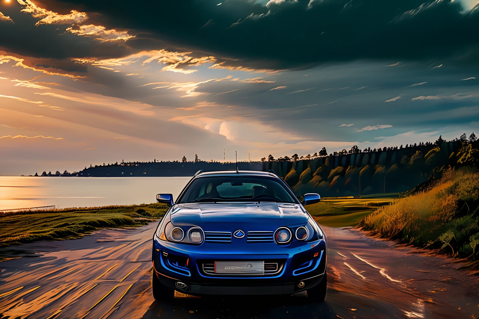 absurd, ((masterpiece, best quality)), extremely_detailed_wallpaper, illustration, car, bright, bright, bright sky, ((beautiful detailed sky)) ,(((by the sea))), blue water, sunny, sun, morning, overcast sky, sky, outdoors, light, cloud, ((backlight),light,sports car,vehicle focus 1990 Citroen aircross