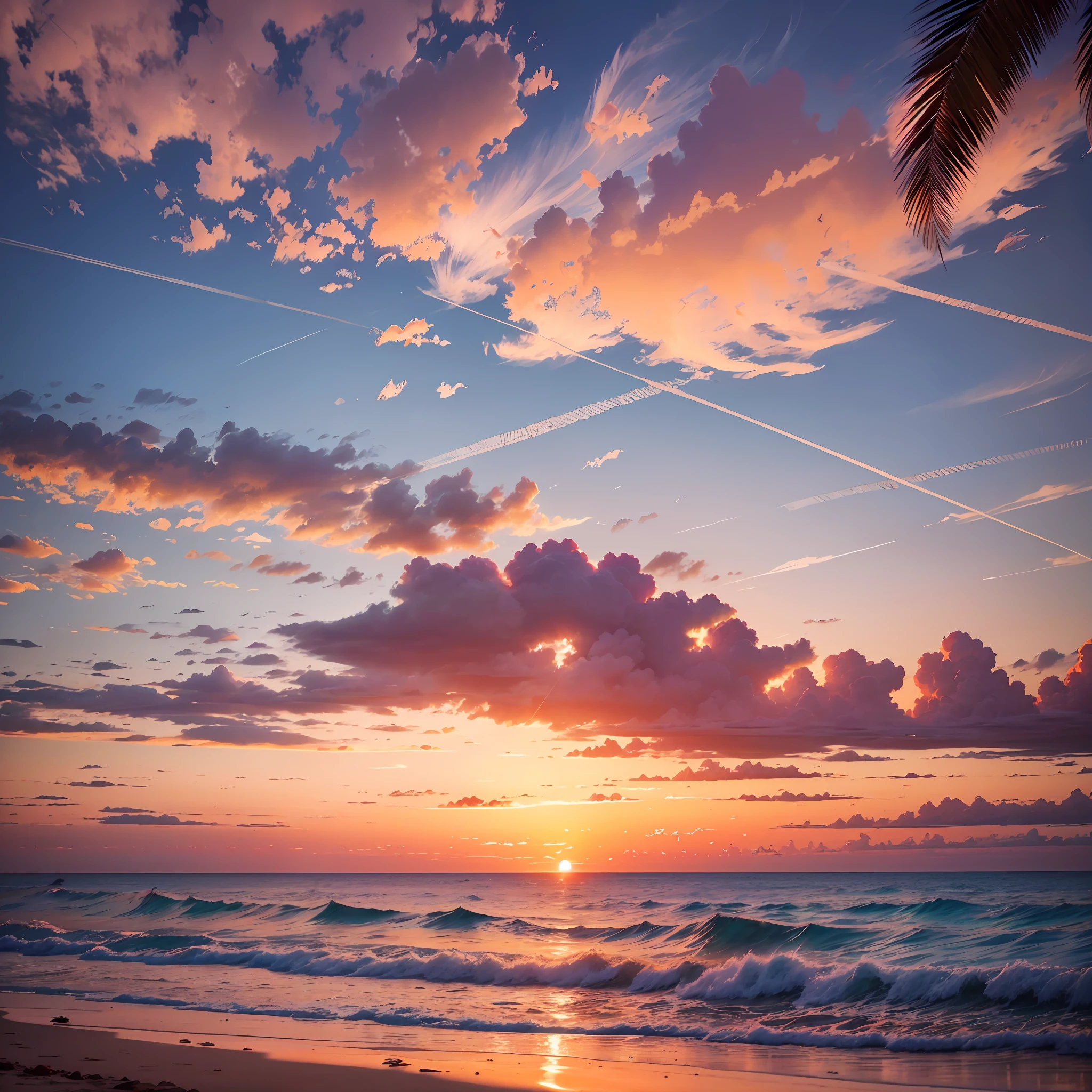 Sunset on the beach with a mix of orange, pink and yellow in the sky. The water is crystal clear and the white sand stretches as far as the eye can see. Breathtaking, seagulls soar high in the air and palm trees gently sway. --auto --s2