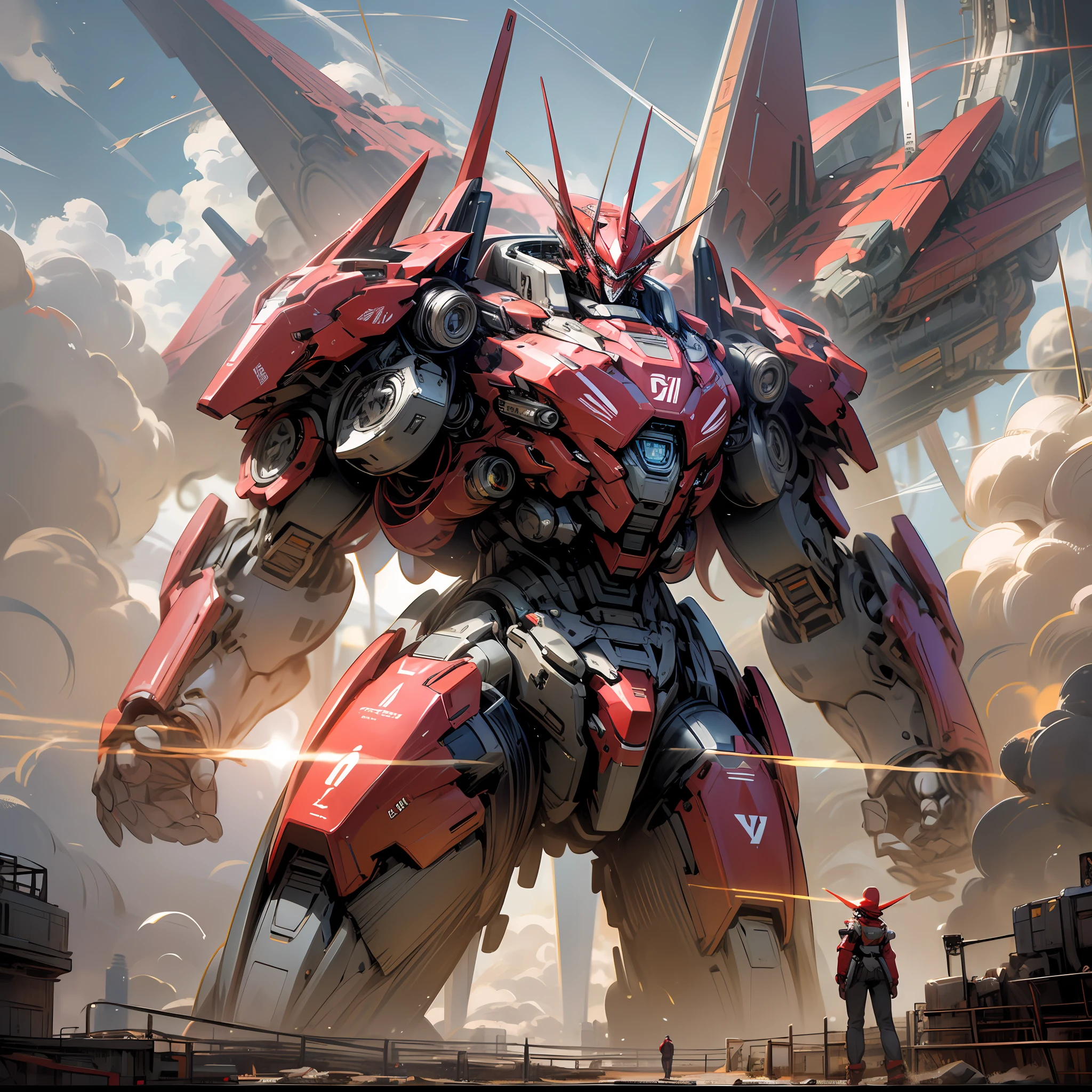HD, best picture quality, illustration quality, super detailed, crimson mecha giant, mighty in the future world, showing a rich sci-fi atmosphere. --auto --s2