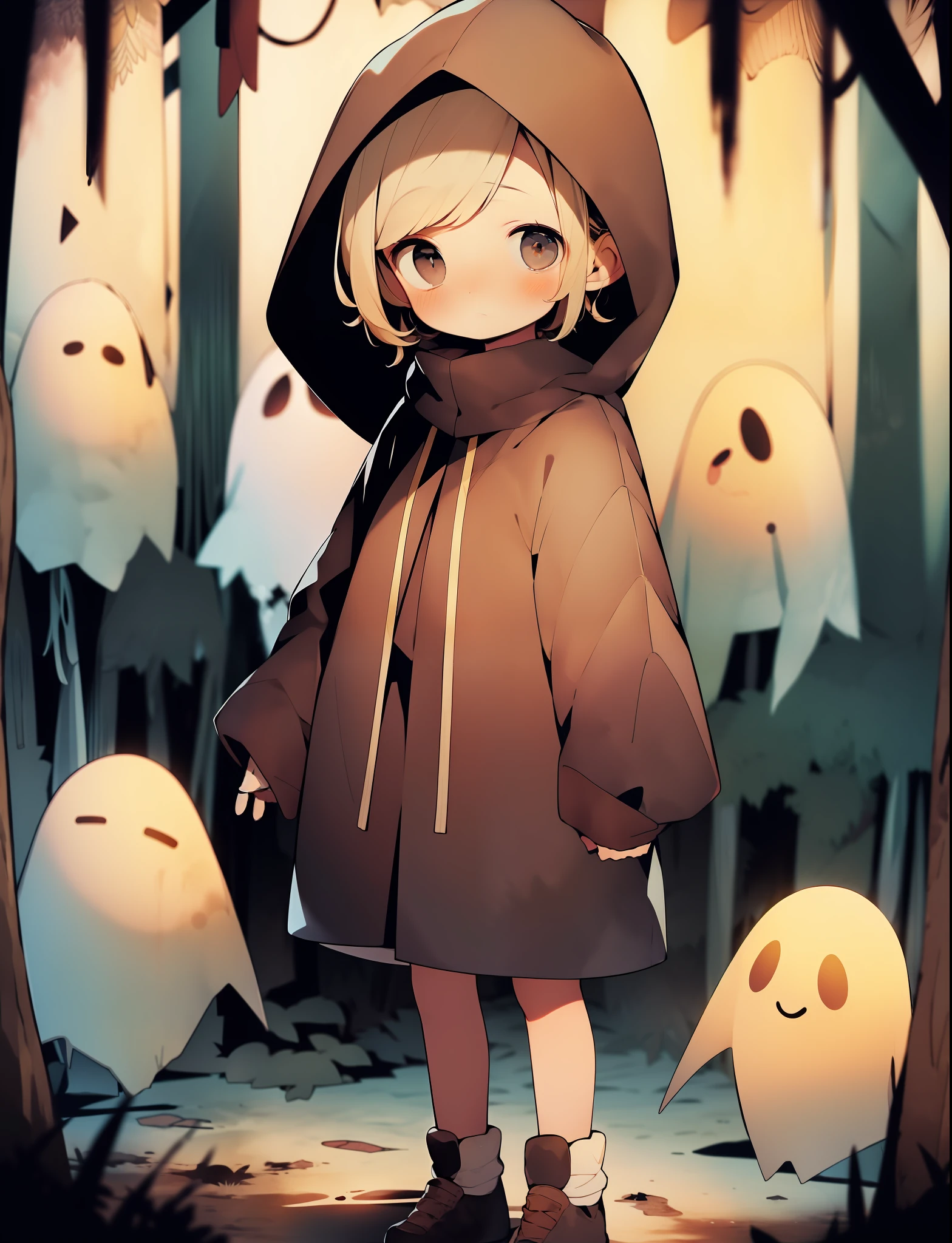 1girl, hood, blush, brown hair, brown eyes, hood up, no pupils, chibi, ghost, long sleeves, cloak, short hair,