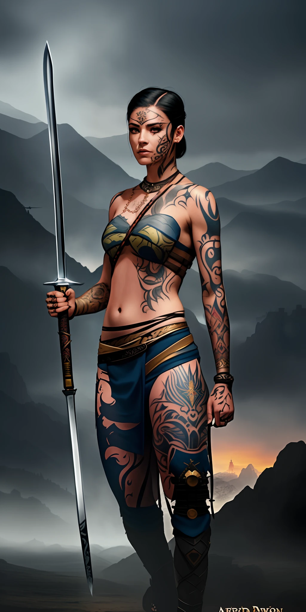 arafed woman with tattoos holding a sword and a sword, beautiful female warrior, female warrior, portrait of a woman warrior, a beautiful woman warrior, north adult female warrior, warrior girl, warrior woman, female samurai, high quality fantasy stock photo, north female warrior, tattooed skin, amazon warrior, mystical post apocalyptic cyborg, fantasy character photo, portrait of a barbarian female