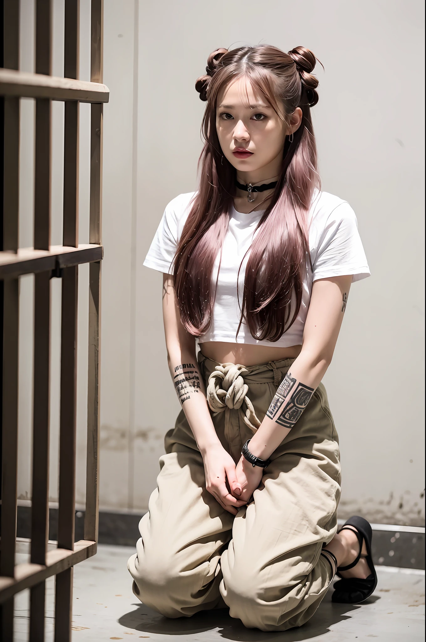 (8k:1.27), best quality, masterpiece, ultra highres:1.2), lesbian delinquent girl with dyed hair andnarm tattoos, tattooed girl, full body picture, dirty old white oversized knotted prisoner t-shirt, dirty big t-shirt, short big sleeves, beige prisoner pants tied with a rope, wearing dirty old goth clothes, long pink hair pulled back and messy bun, kneeling in a prison cell, handcuffed, hands tied with rope behind body, submissive neck choker and checkered keffiyeh scarf in neck, 4k or 8k picture, looking at the floor down very sad, very sad face, praying, paisley bandana pirate style headscarf, smelly, barefoot, rope noose hanging from ceiling, tattooed body