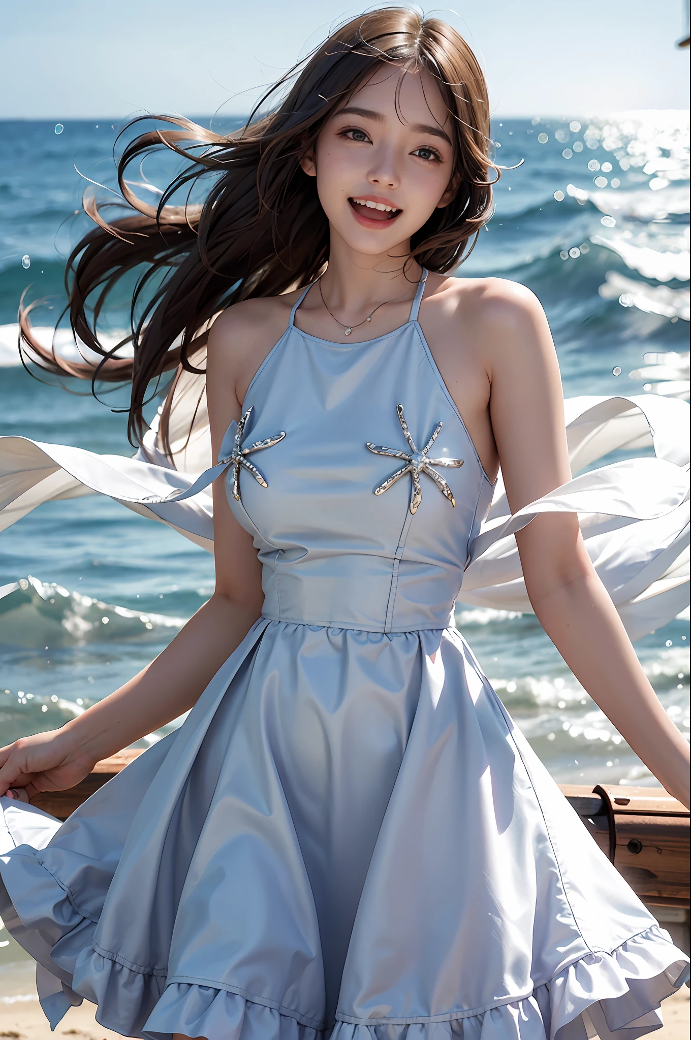 1 girl,, (huge laughter), sweet, sun glare, spring beauty, dress conservatively, bokeh, depth of field, blurred background, light particles, strong wind, head tilt, cabin, sea surface,