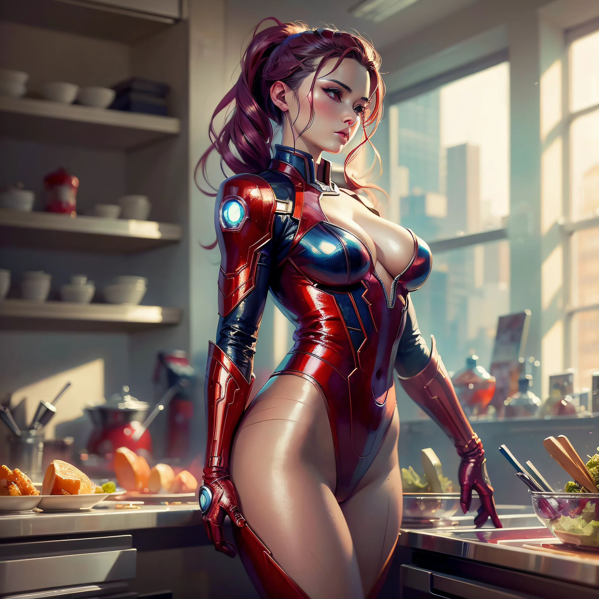 avengers woman in a red suit standing in a kitchen, wojtek fus, extremely detailed artgerm, ig model | artgerm, inspired by Marek Okon, artgerm 4 k, ross tran 8 k, artgerm. anime illustration, stunning character art, graphic artist artgerm, in the style artgerm --auto --s2