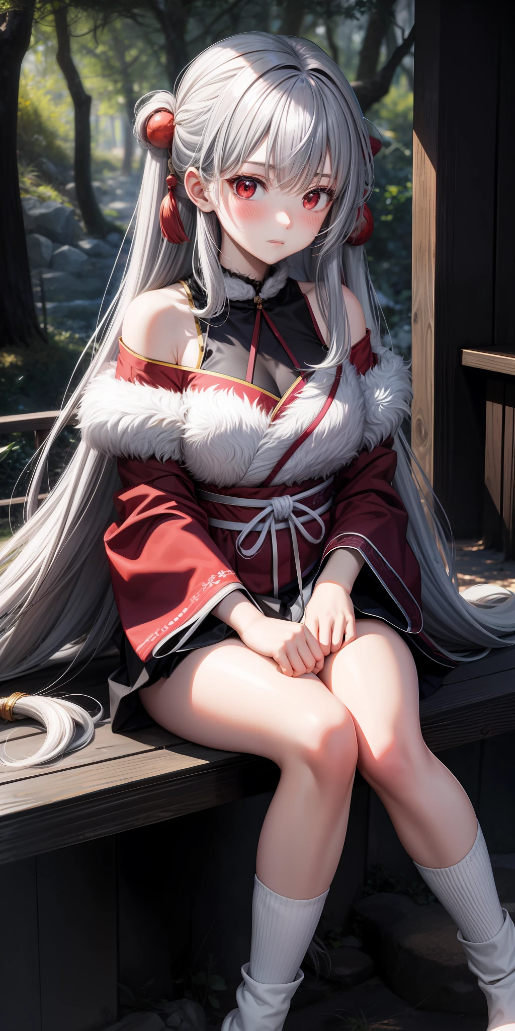 anime, single girl, gray hair, long hair, red eyes, upper eyes, blush, japanese room, sitting, fluffy clothes, off-shoulder, in the woods