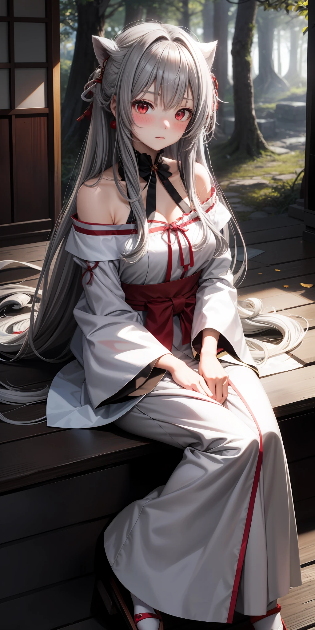 anime, single girl, gray hair, long hair, red eyes, upper eyes, blush, japanese room, sitting, fluffy clothes, off-shoulder, in the woods