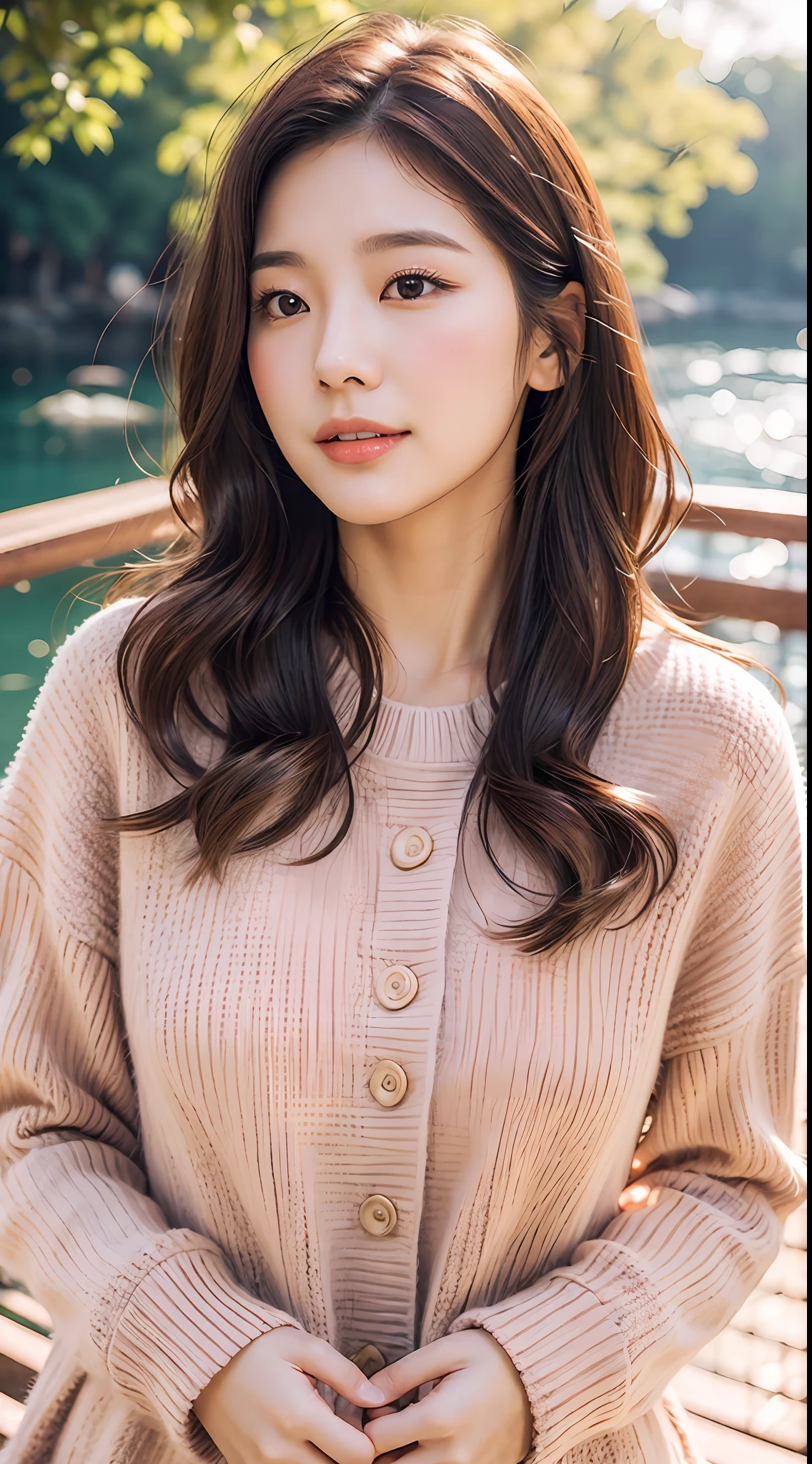 1 mature gentle woman walking on the river, 23 years old, round chin, double eyelids, smile, mix 4, sweater, pillow, lips, open_mouth, realism, photo_\(medium), solo, stuffed_animal, stuffed_toy, teddy_bear, (masterpiece), (realistic: 1.3), ultra detail, (high detail skin: 1.2), (best quality: 1.0), (super high resolution: 1.0), (ulzzang-6500:0.3), wavy detail hair, long hair, sunshine, (beautiful detail makeup), (sexual arousal blush heavy breath: 1.0), floral theme petals scattered, (soft glow flood: 0.5)